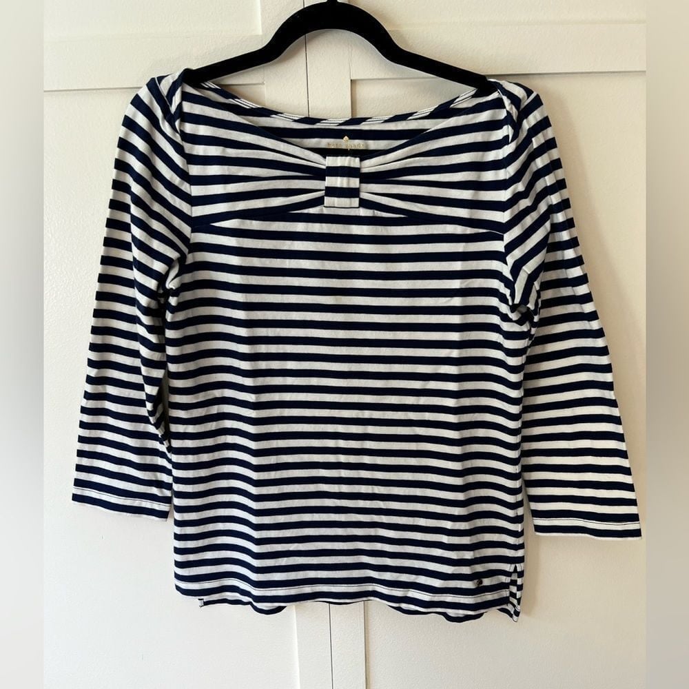 Kate Spade Women's Wheaton Cotton Blend Striped Long Sleeve Bow Shirt Size L