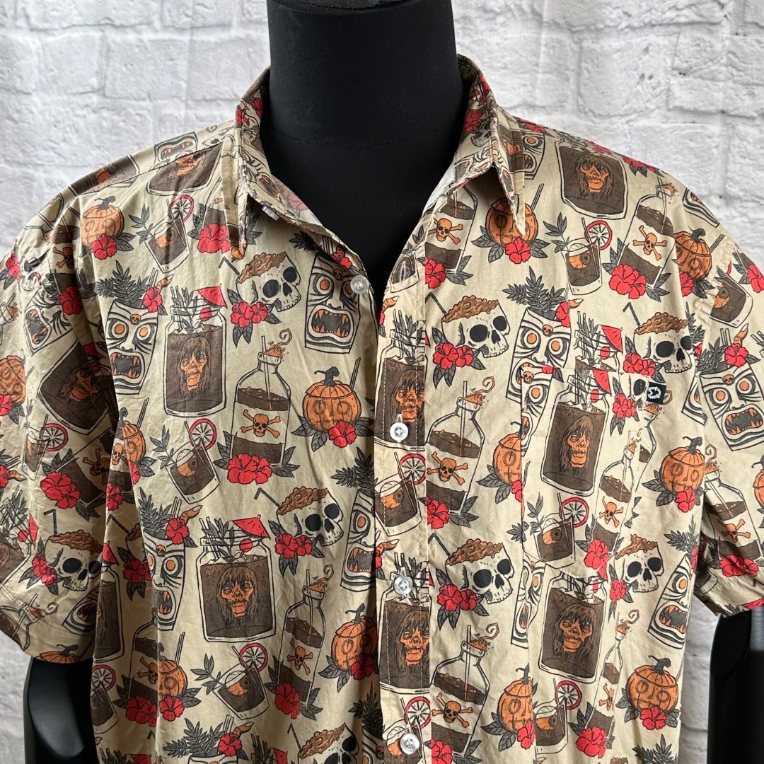 Creepy Company Freaky Tiki Mug Drink Button-Up Men's 3XL Matt Durston Halloween