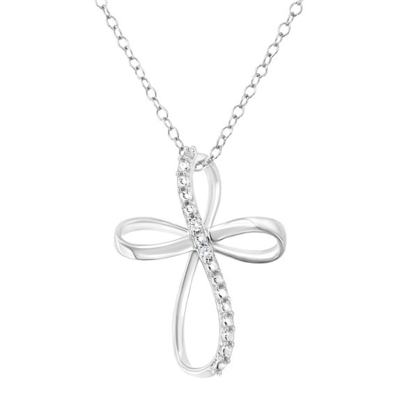.925 Sterling Silver Diamond Accent Cross Ribbon 18 Pendant Necklace