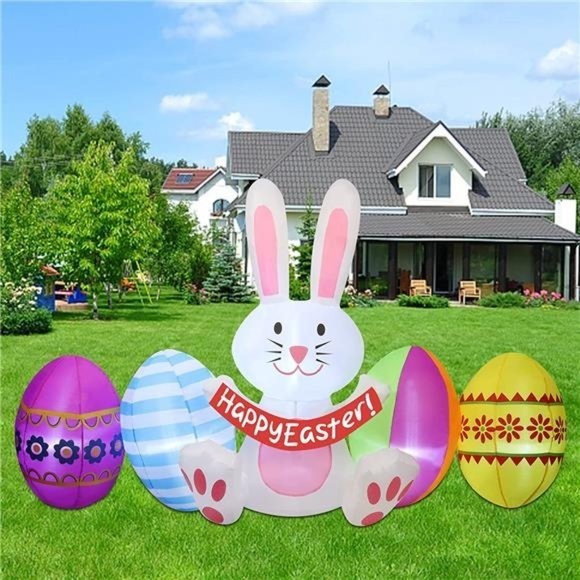 7 FT Long Easter Inflatable Bunny with Eggs, Happy Easter Inflatable Decorations