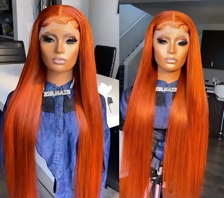 34 Inch human hair ginger orange wig