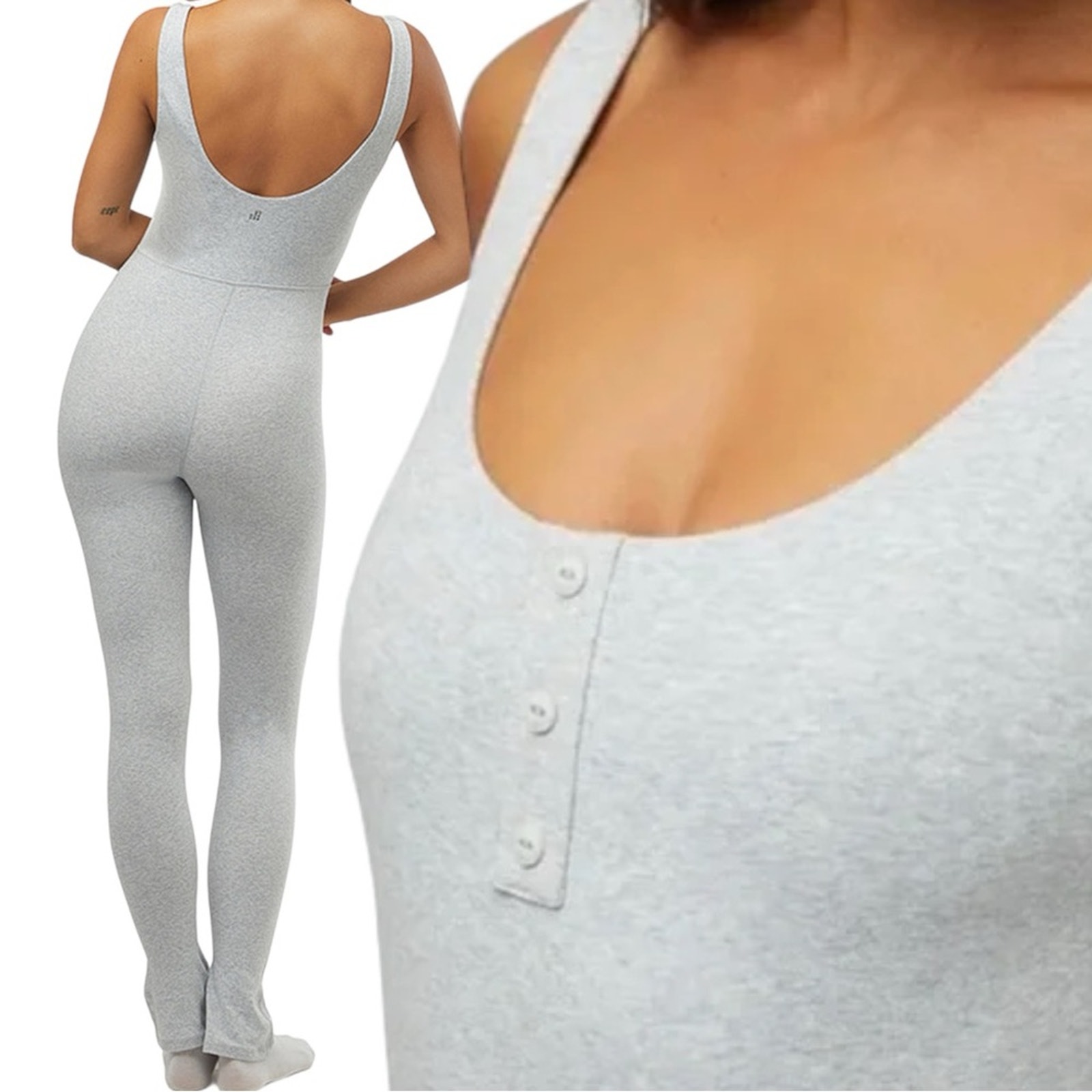 WeWoreWhat Heather Grey Jumpsuit Henley Flare Leg Lounge Bodysuit Size Large