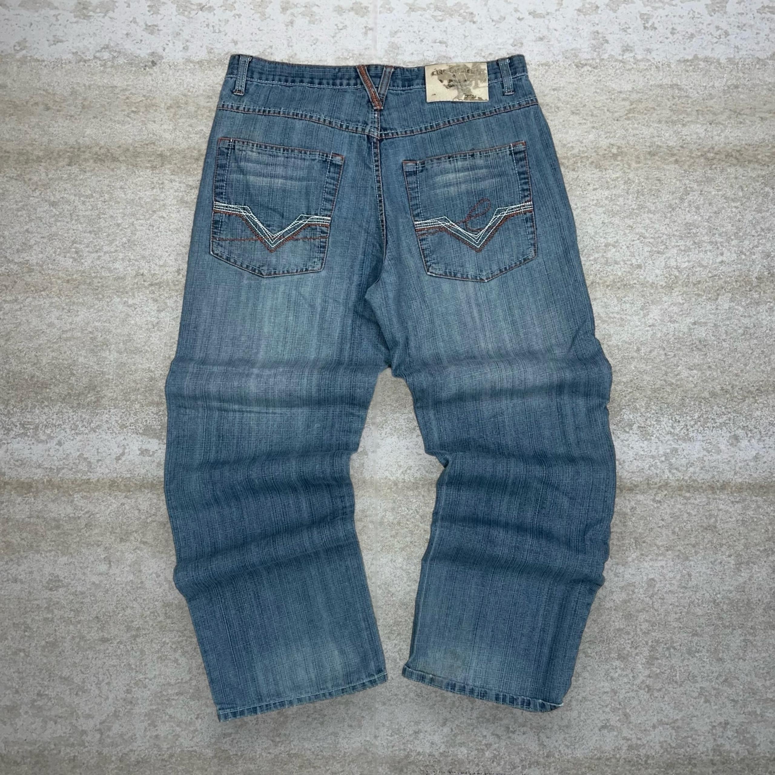 Vintage Skater Wide Leg Jeans Five Elements Medium Wash Baggy Denim Rap Art Y2K