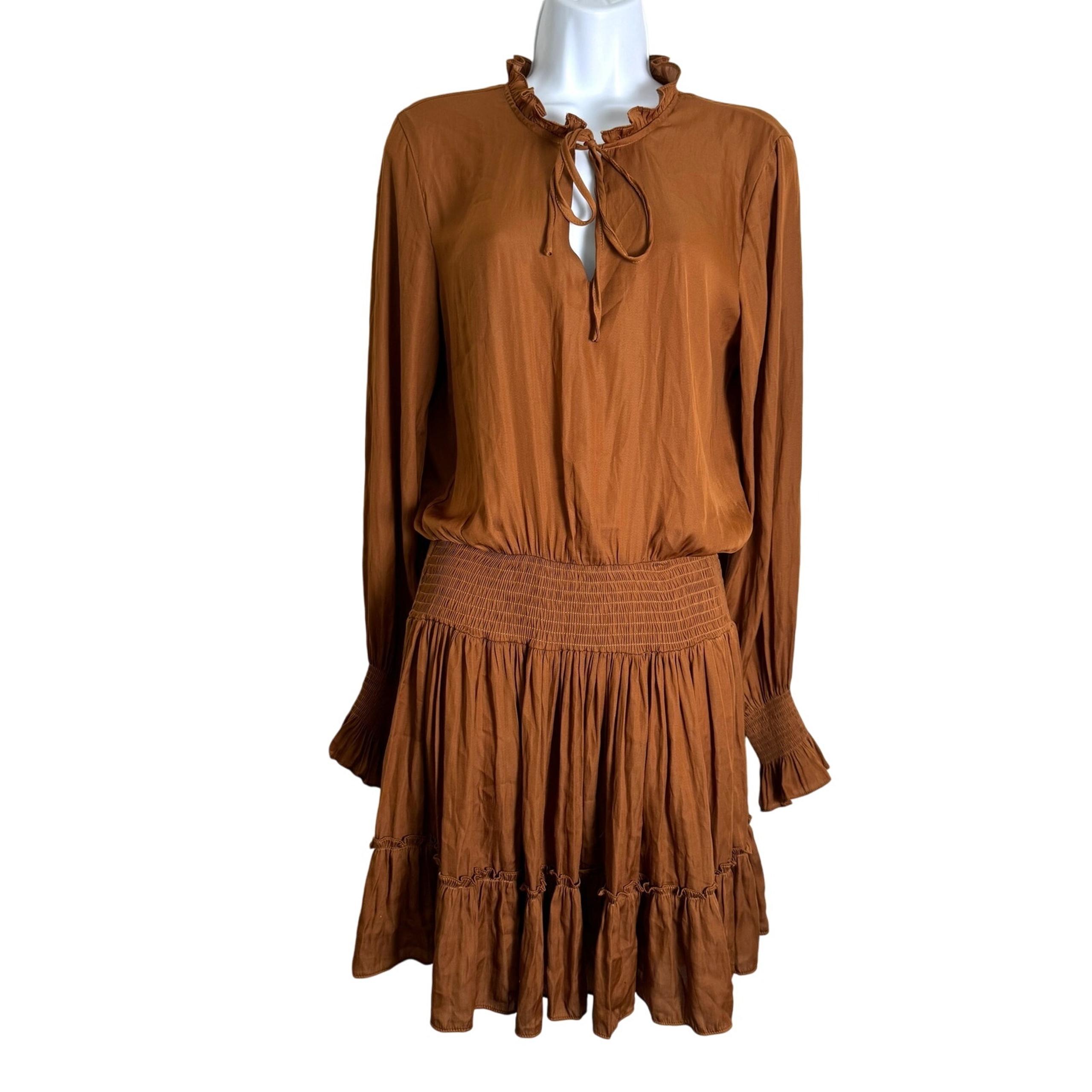 Mustard Seed Casual Dress Women’s S Caramel Smocked Long Sleeve High Neck Tiered