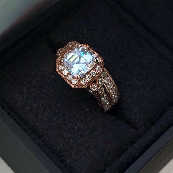 Platinum or Gold Plated Sterling Silver Antique Ring set with Asscher-Cut