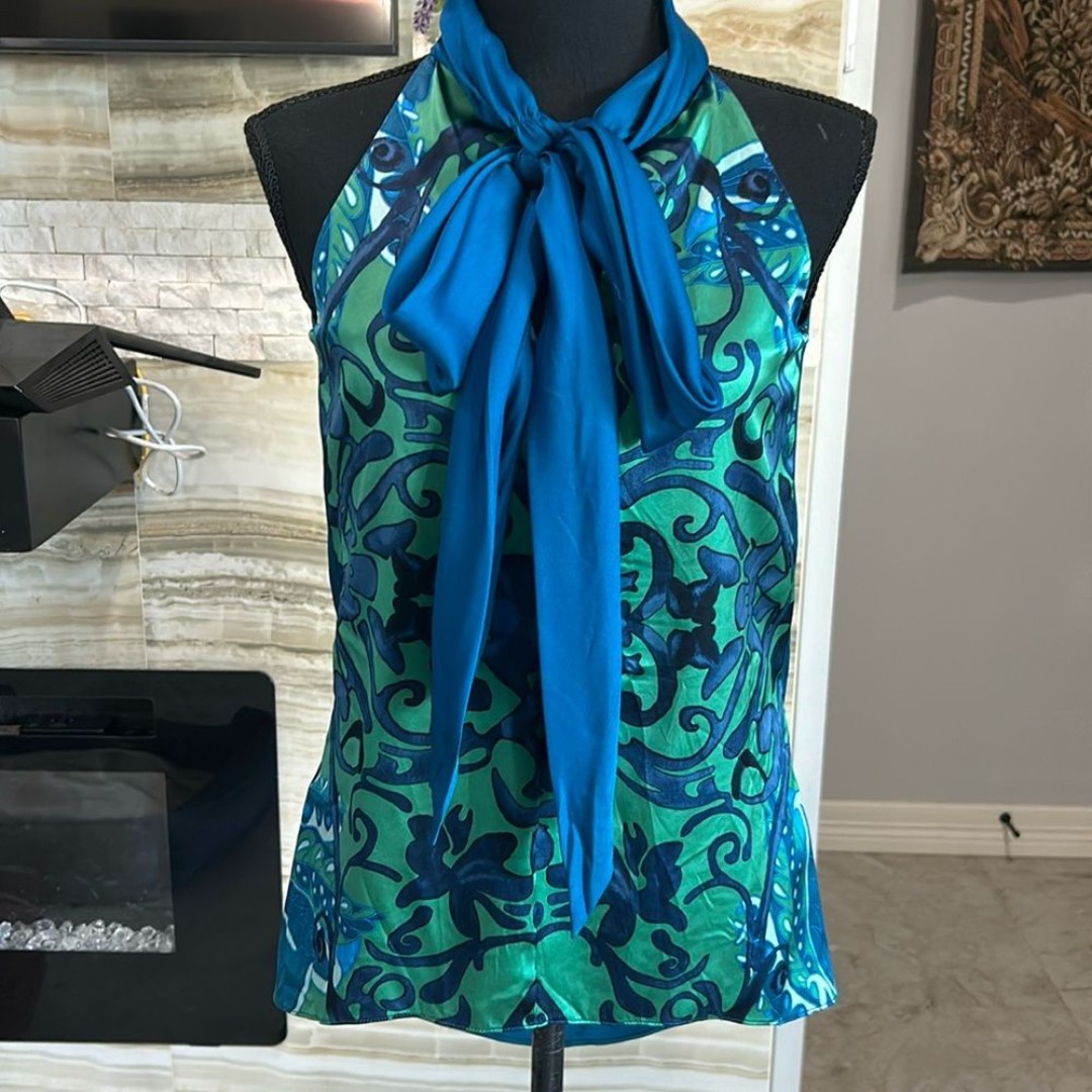 Elie Tahari Romantic Core Printed Silk Neck Tie Vintage Y2 K Blouse. Size XS