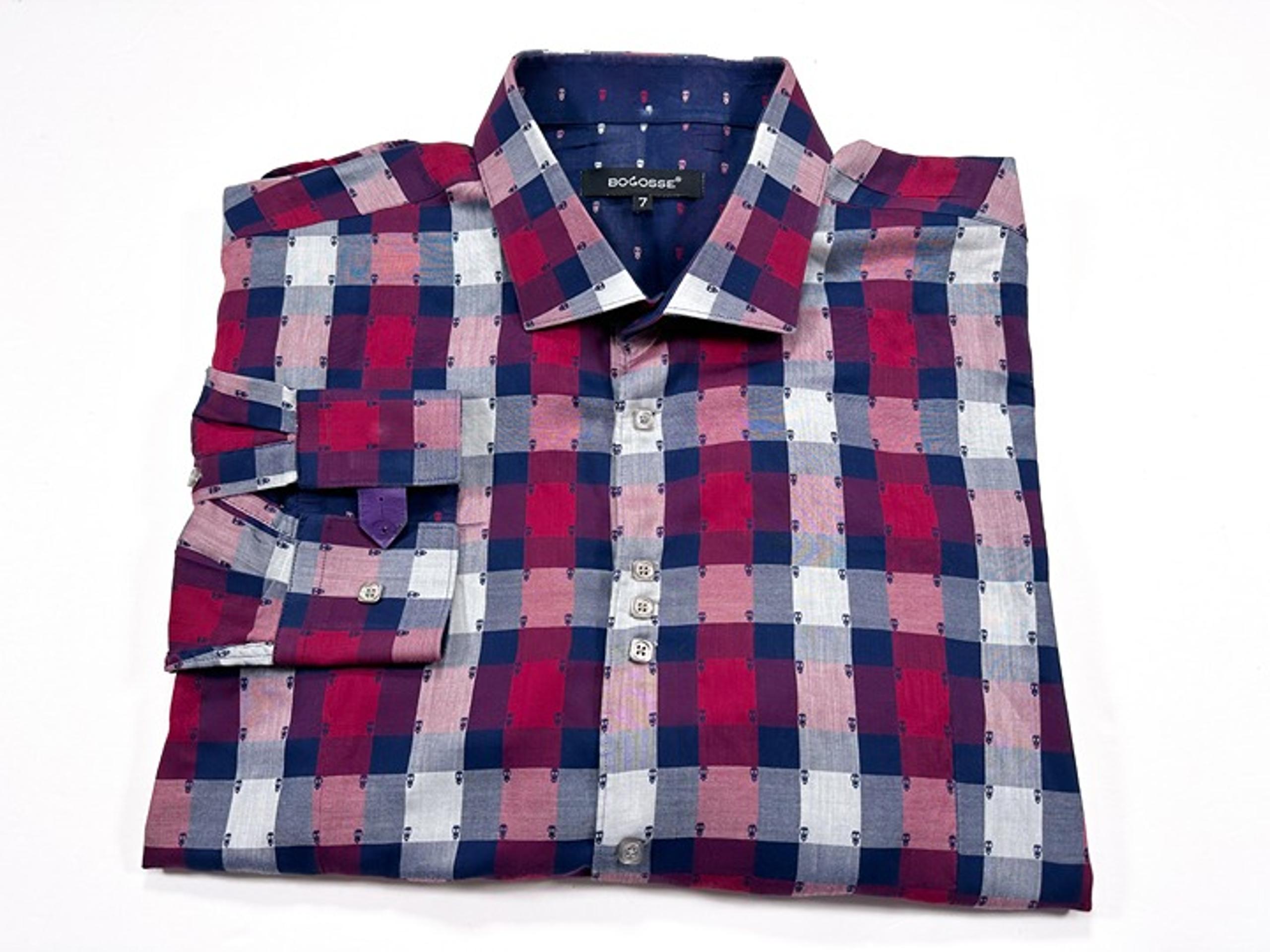 Bogosse 7 Multi-Color Skulls Check Long Sleeve Men's Shirt READ MEASUREMENTS