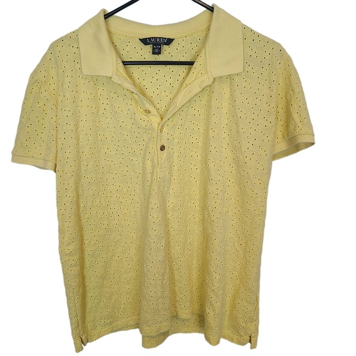 Lauren Ralph Lauren Womens XL Yellow Eyelet Short Sleeves Polo Shirt Pullover