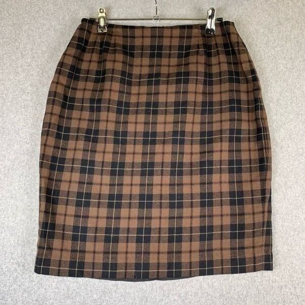 Linda Allard Vintage Ellen Tracy Women’s Size 10 Wool Plaid Pencil Skirt Brown