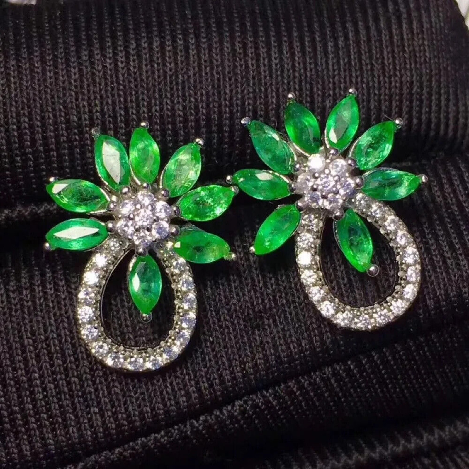 Colombian Emerald Banquet Stud Earrings, Natural Emerald Cluster Earrings