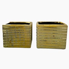 Pair of New Textured Gold Ceramic Cube Indoor Planter Centerpiece Pot Home Decor