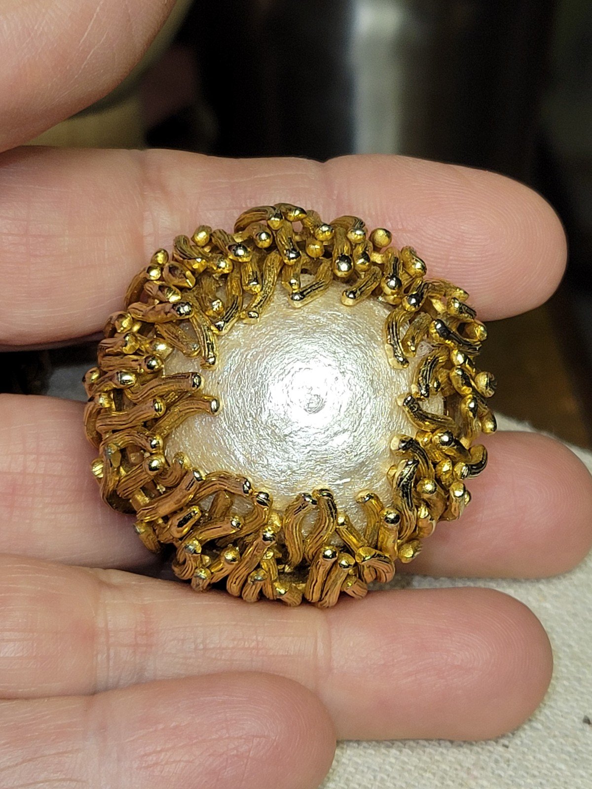 Vintage Schrager Brooch Large Faux Baroque Pearl Domed GoldTone Coral Look 1950
