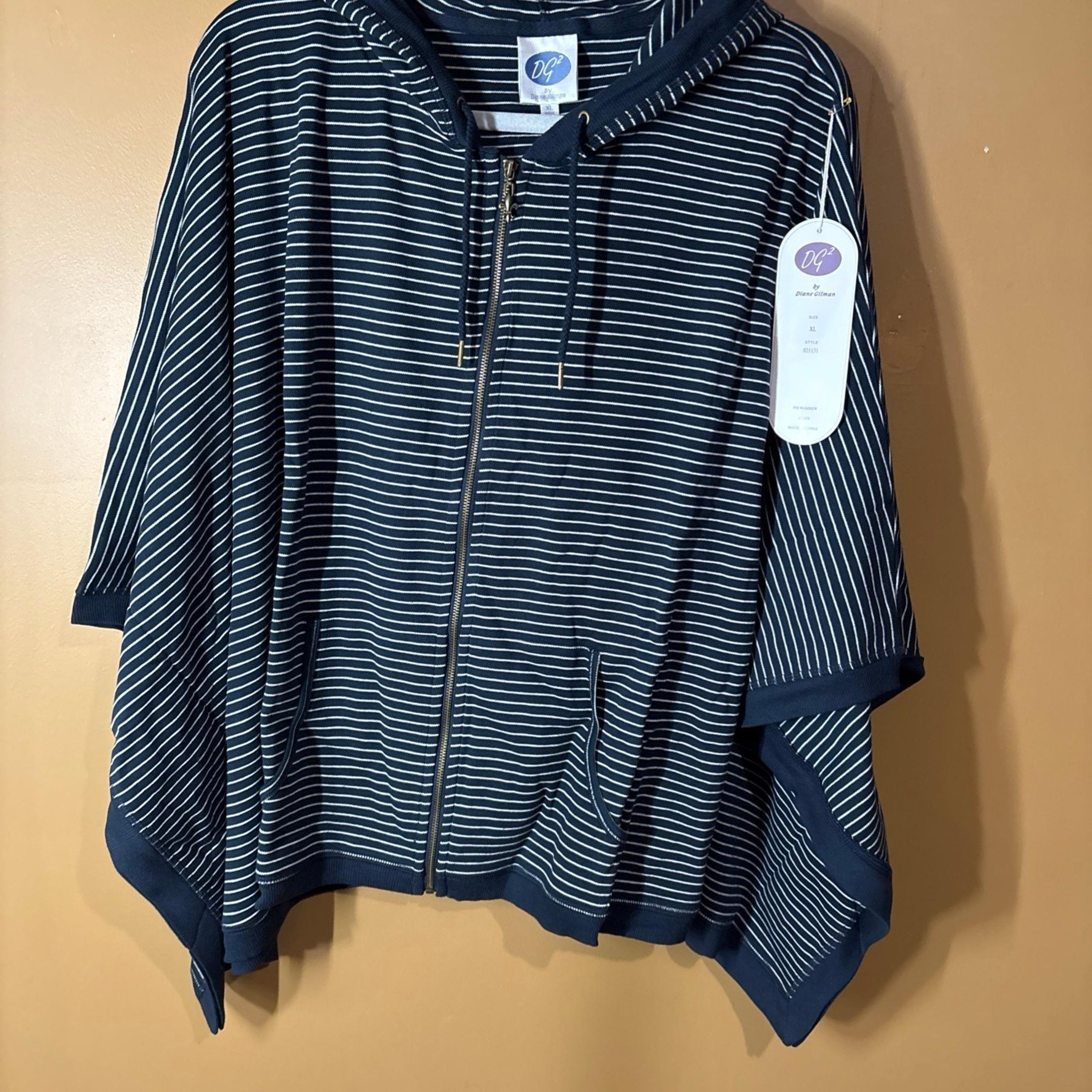 129 NEW DG2 Downtime Zip-Front Knit Hooded Poncho JACKET Blue Striped SZ XL