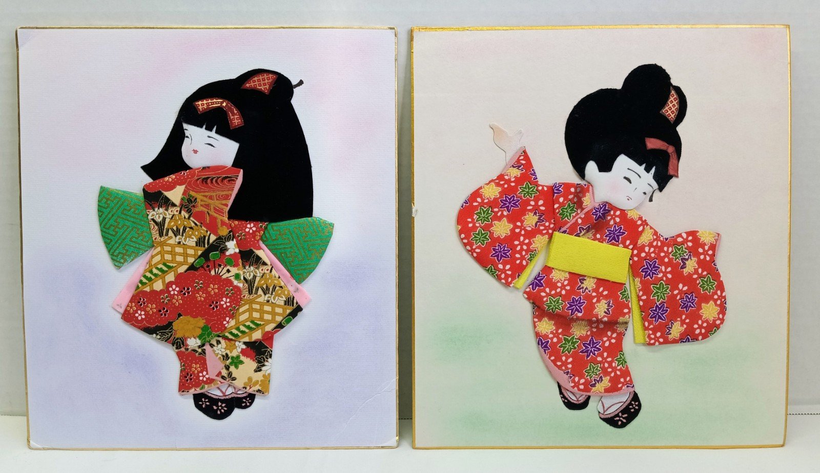 Vintage 2 Japanese Girl Kimono Oshie 3D Art Silk Fabric Geisha Signed Art