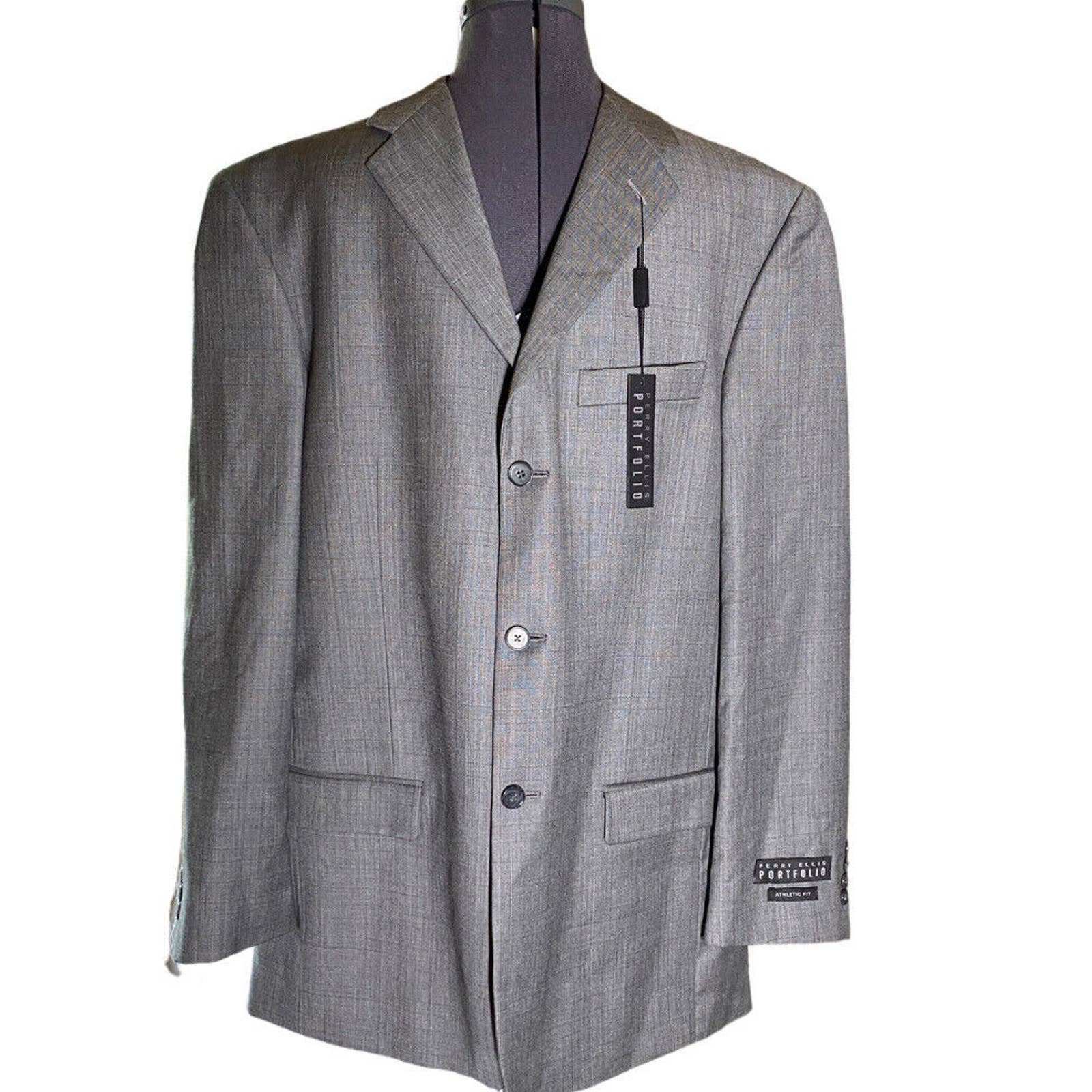 Perry Ellis Mens Blazer Sport Coat Sport Jacket Wool 44L/W36 Glen Plaid Gray