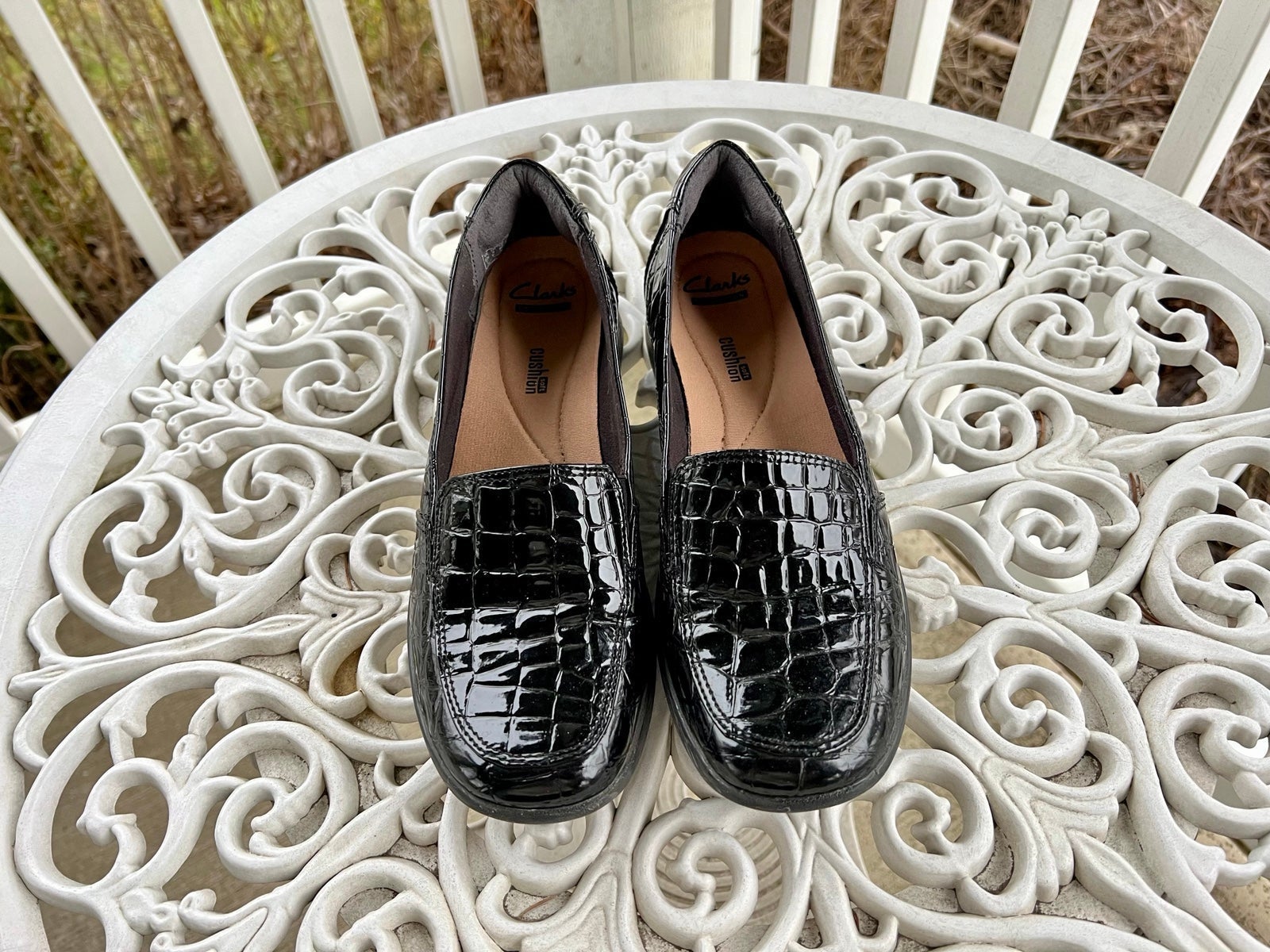 Clarks top silver loafers
