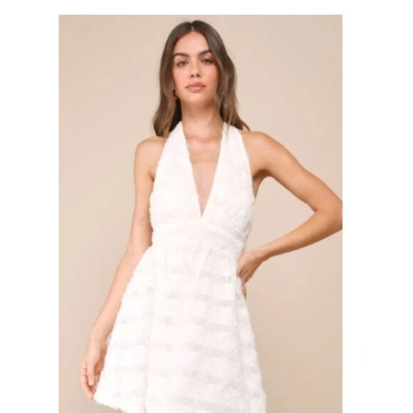 NWT LULUS Easily Poised Ivory Textured Halter Mini Dress