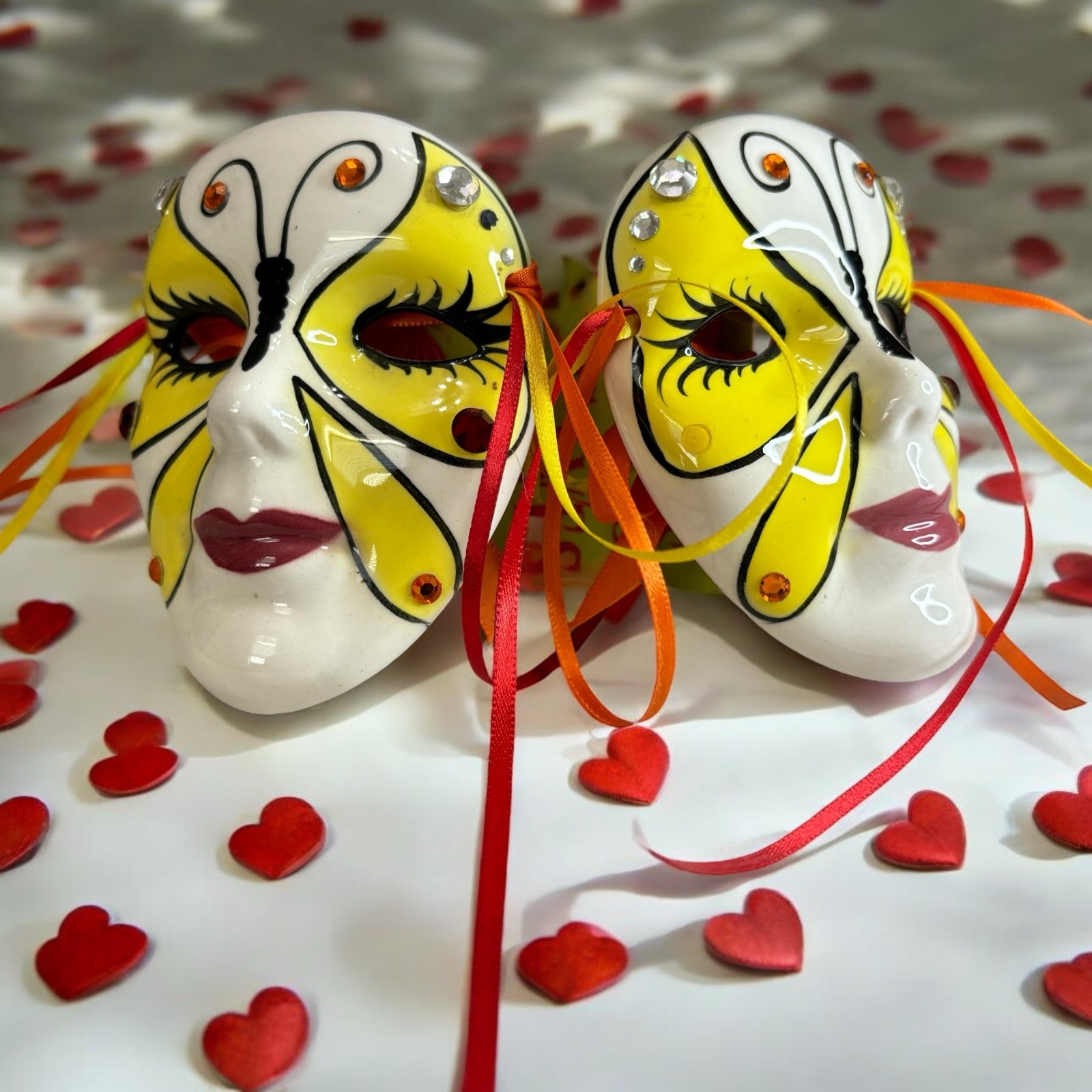 Set of 2 2009 Fancy Faces Signed Ceramic Hand Painted Mini Mask 4”x3” Mardi Gras