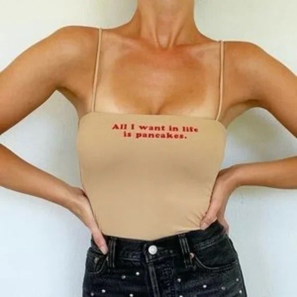 Women's Zara All I want in life is Pancakes Nude Spaghetti Strap Bodysuit Small