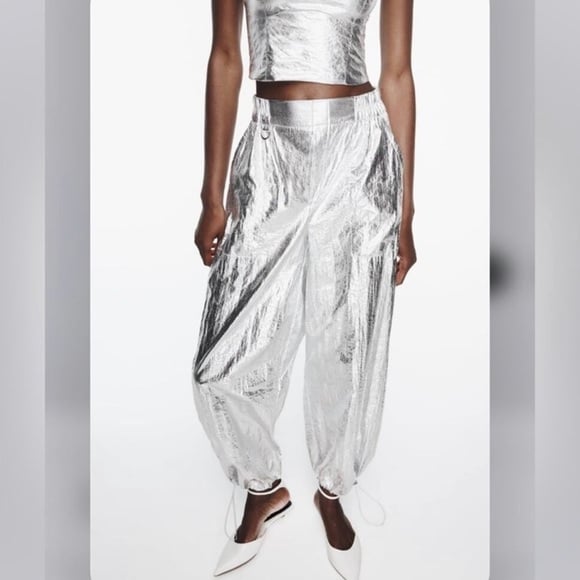 New Zara Wide Leg Silver Metallic High Waist Pants 1971/169 Medium