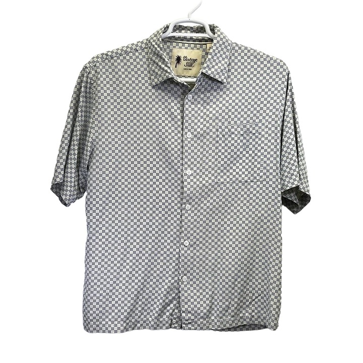 Vintage Silk Gray White Mens Geometric Pattern Abstract Collared S/S Shirt Large