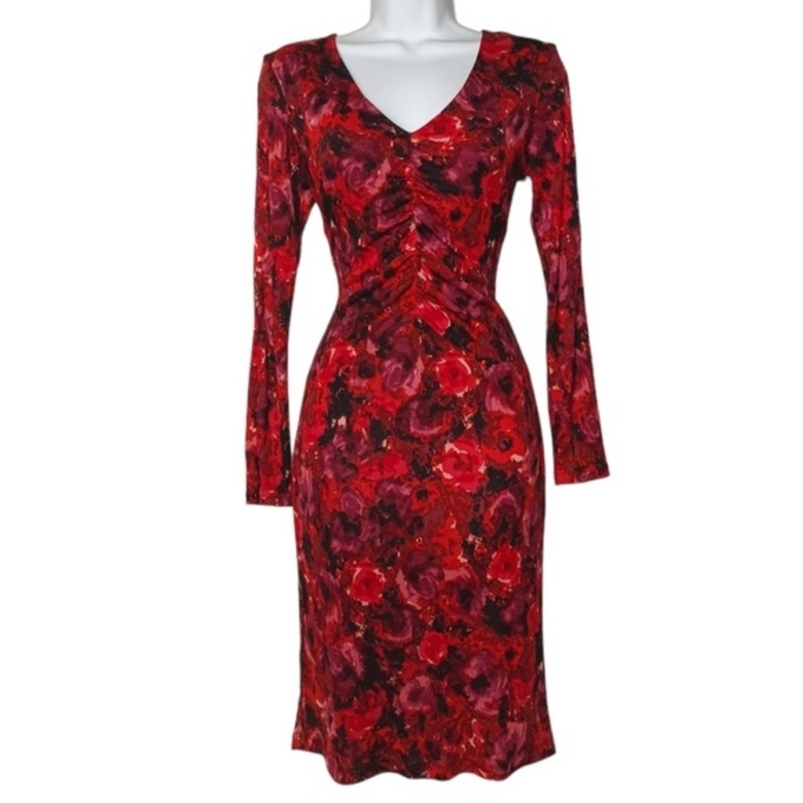 VTG TESSUTO Red Black Floral Ruching Bodycon Long Sleeve V Neck Midi Dress S