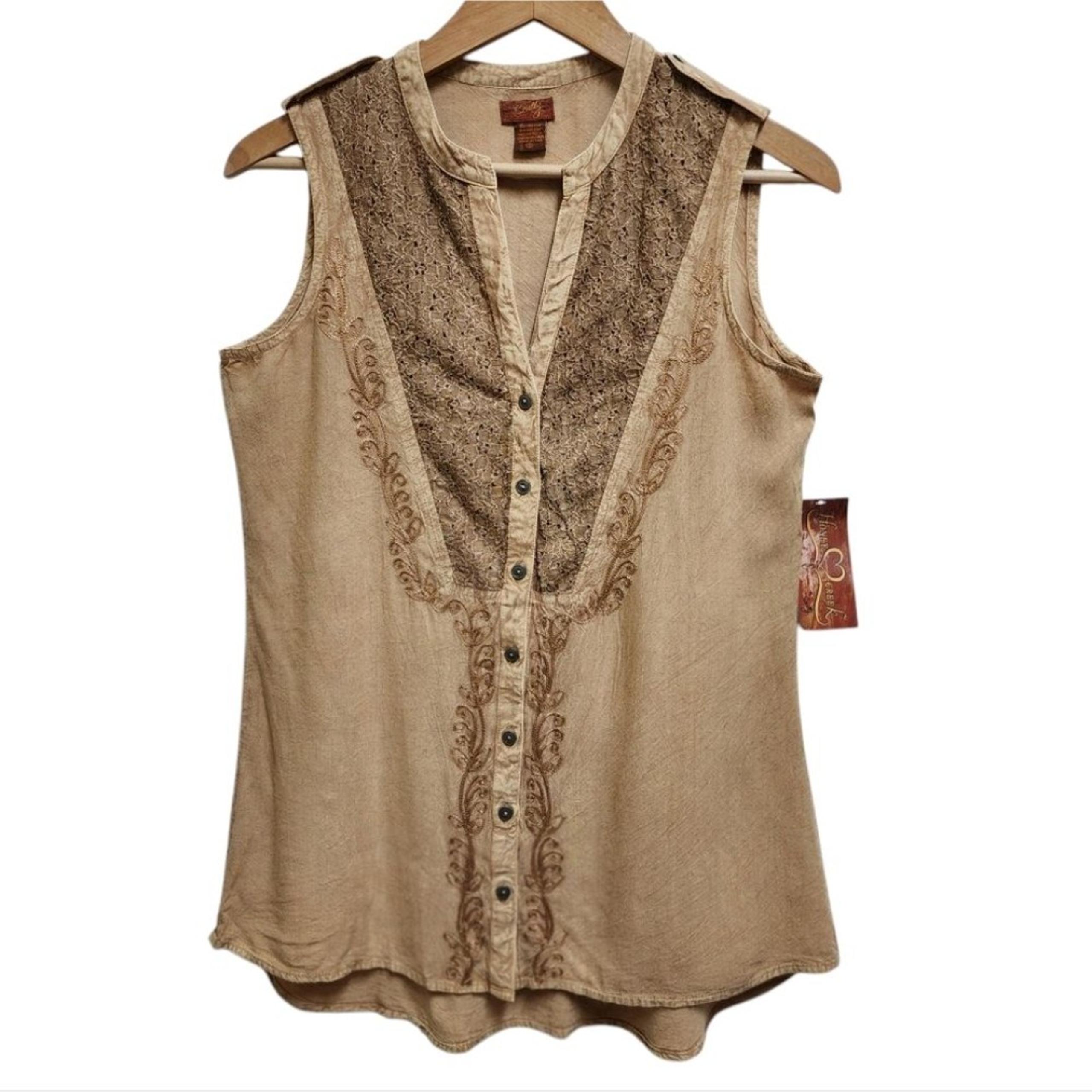 Scully Top Womens S Tan Embroidered Floral Lace Sleeveless Button Front V Neck