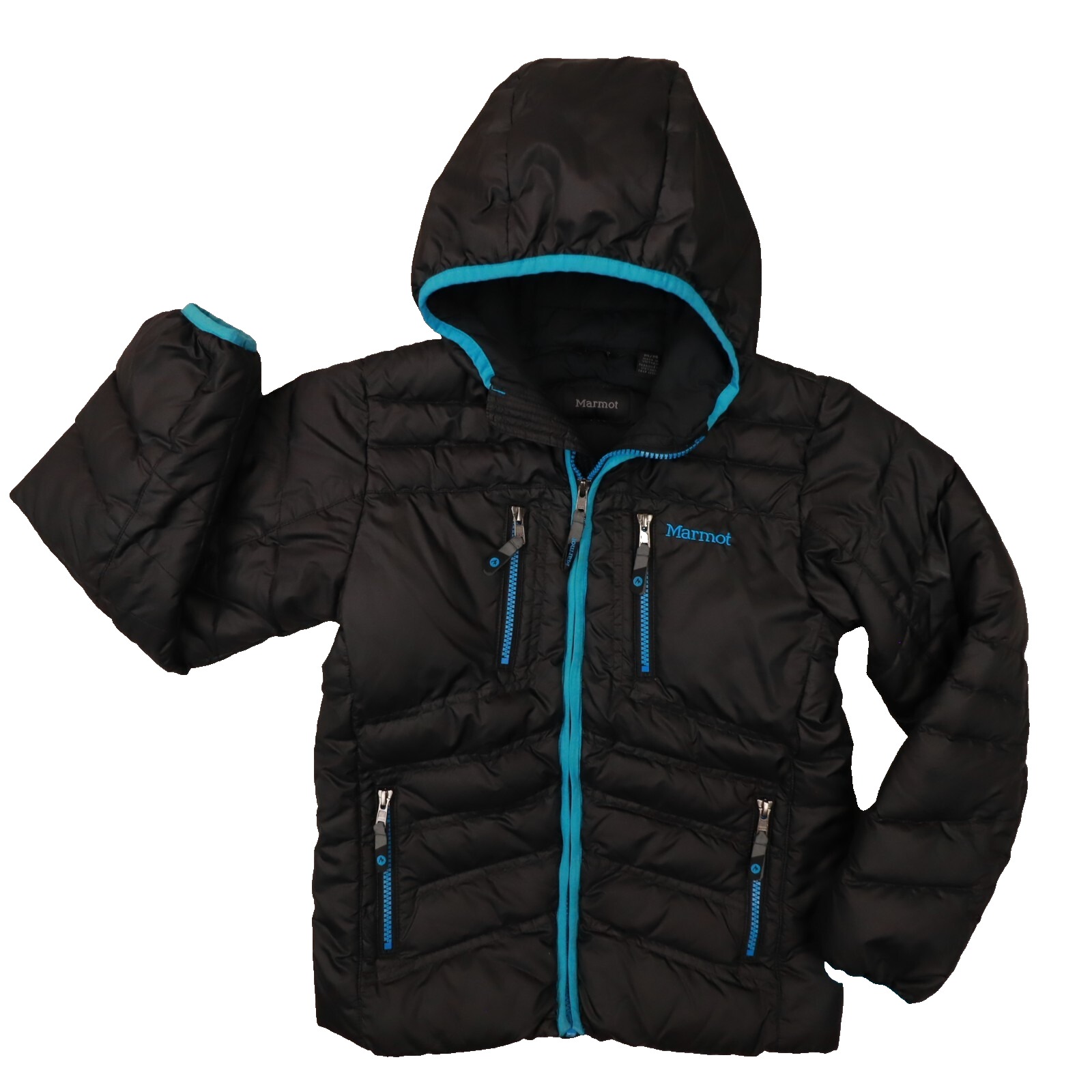 Marmot Black Blue Trim Hooded 700fil Duck Down Puffer Jacket Boys size Medium