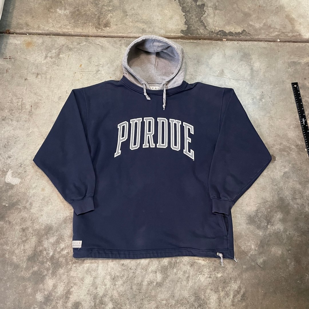 Vintage 90s Purdue gear, navy hoodie, two tone color block