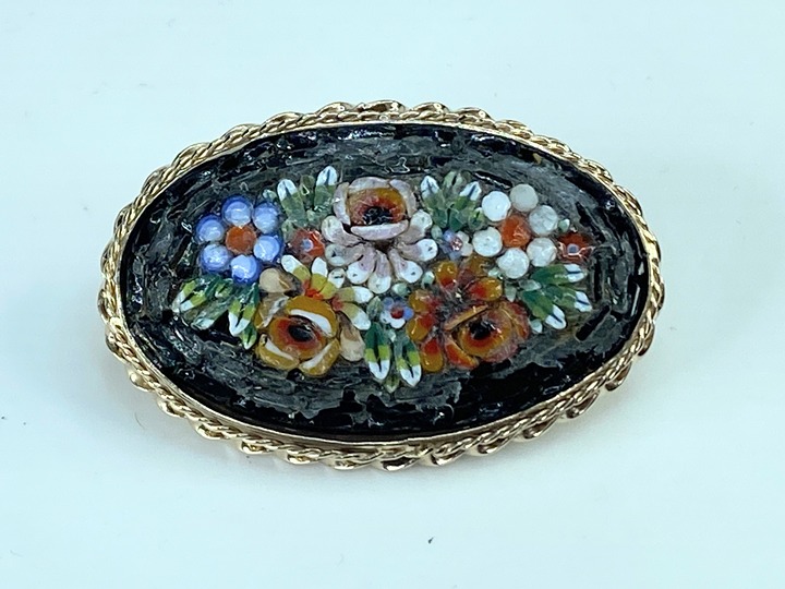 Art Deco 14K yellow gold oval multicolor flower mosaic pin brooch 17.2g JR279