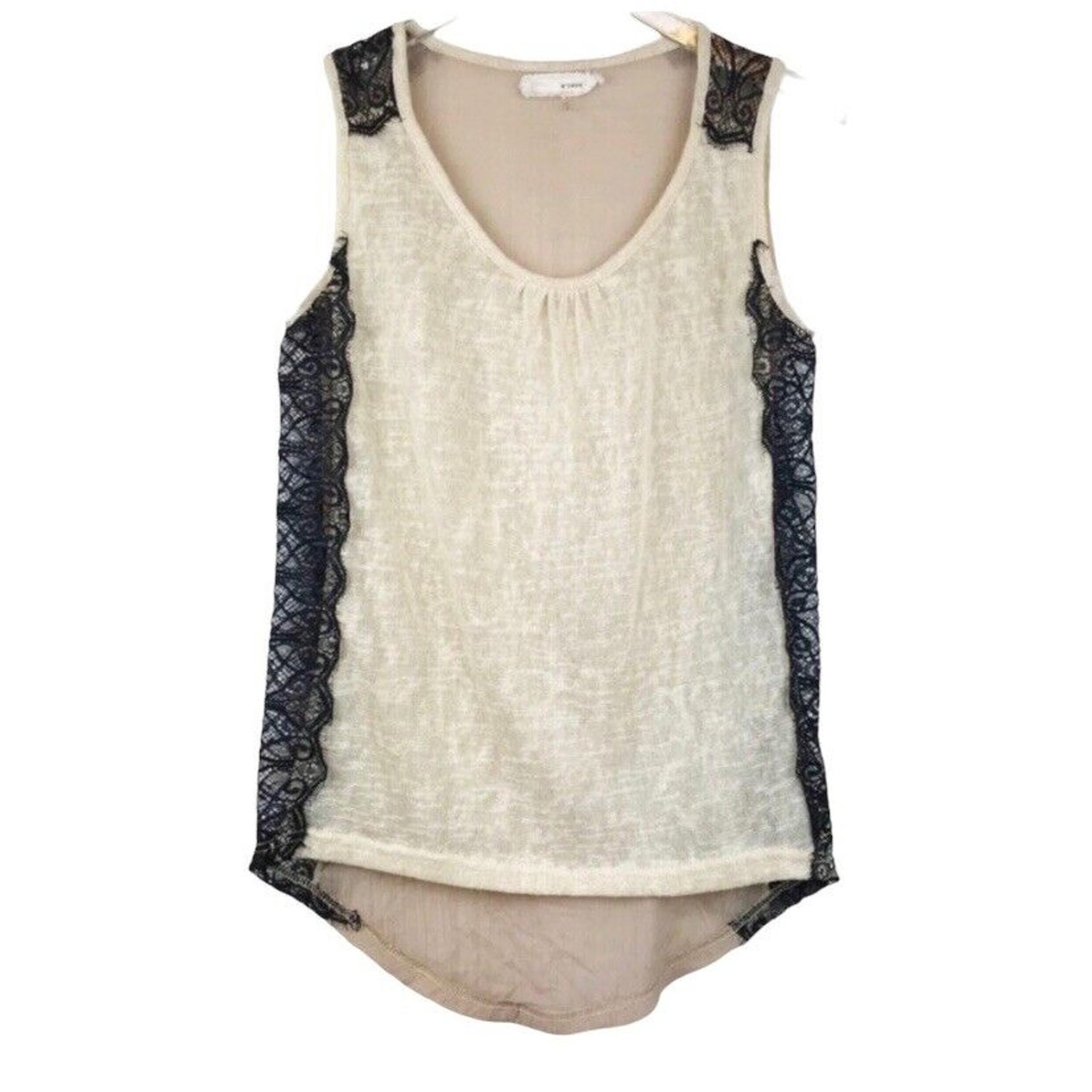 A’reve Boho Beige Stub Knit Black Lace Trimmed Sleeveless Top Women's Size S
