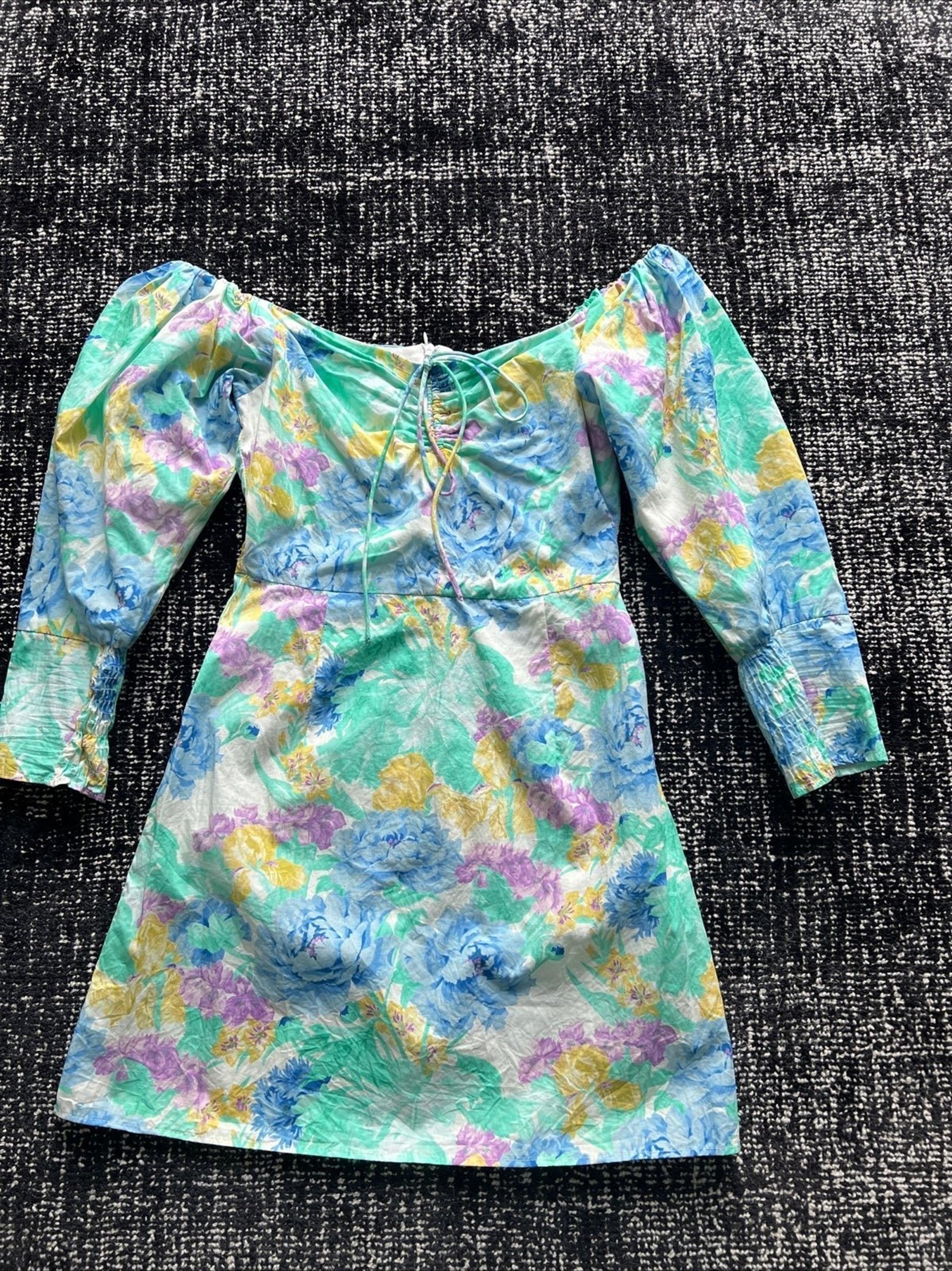 ZARA Women’s ruched green floral off the shoulder poplin mini dress size Xs