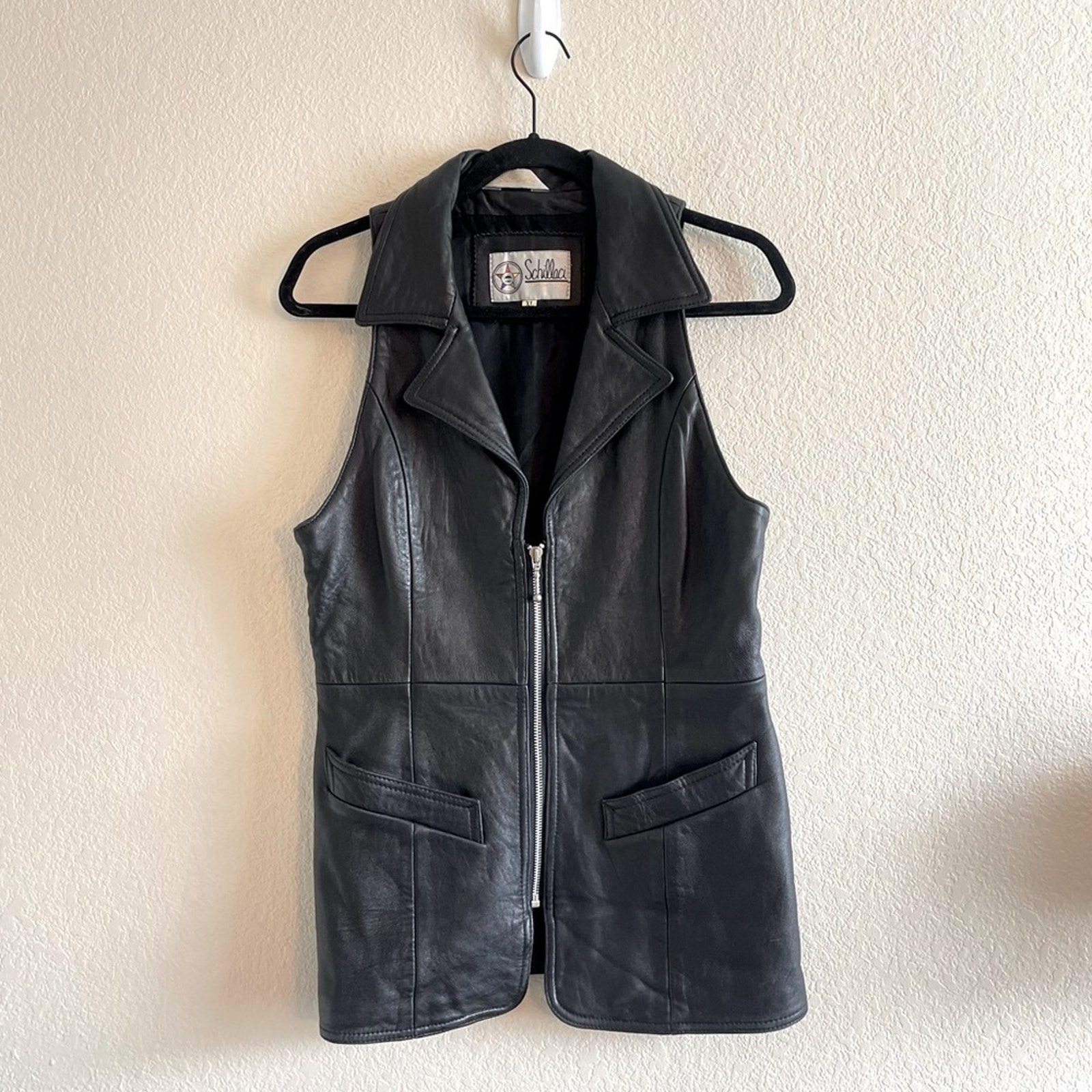 Vintage 90s Schillaci Black Italian Leather Zipper Sleeveless Vest Womens XL