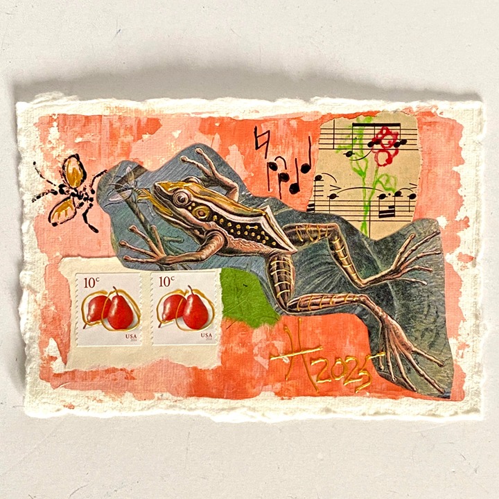 Croakin 4 Original Frog Collage Painting Wall Art Matted 8x10in Frame Ready