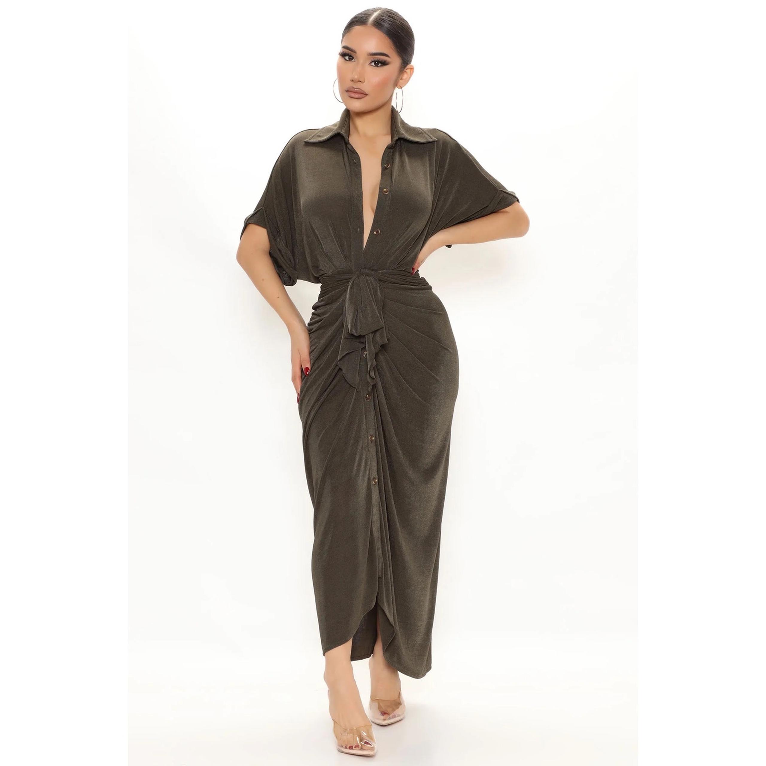 NWT Fashion Nova Women's City Mood Slinky Midi Dress in Olive Size XL