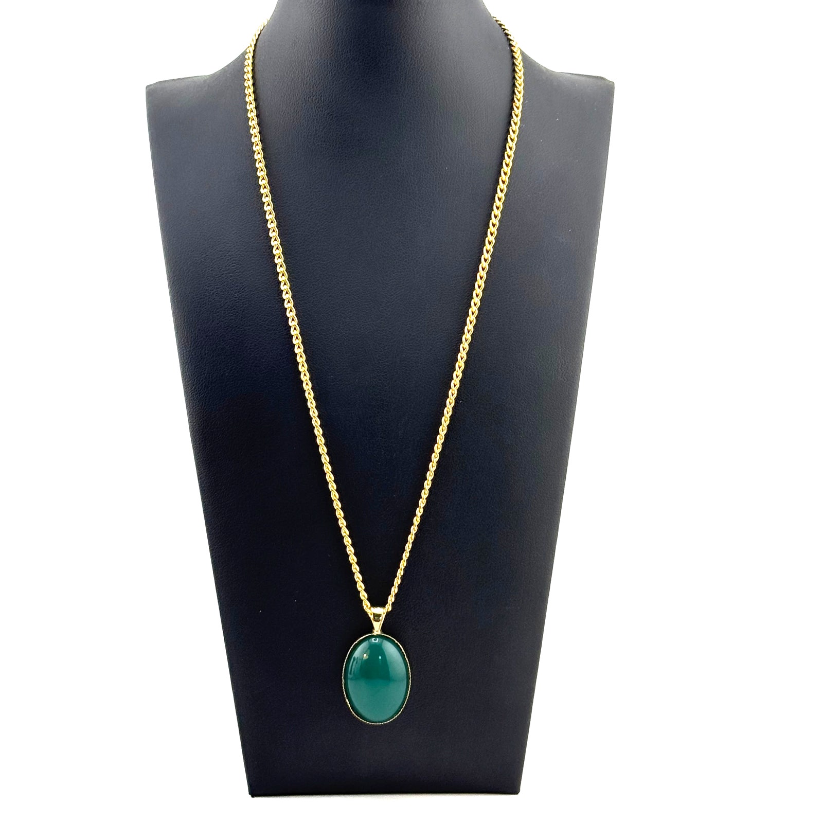 Green Chalcedony Cabochon Pendant on Gold Tone Necklace