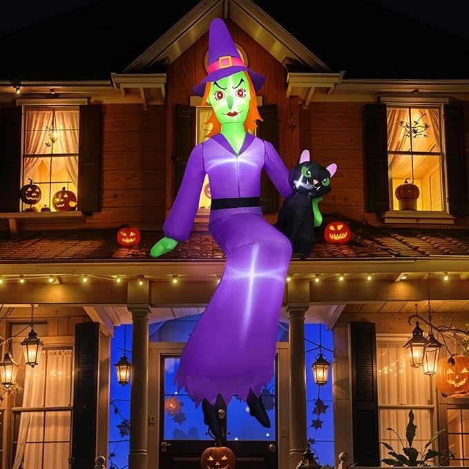 8 FT Halloween Inflatables Outdoor Decorations Sitting Witch & Black Cat