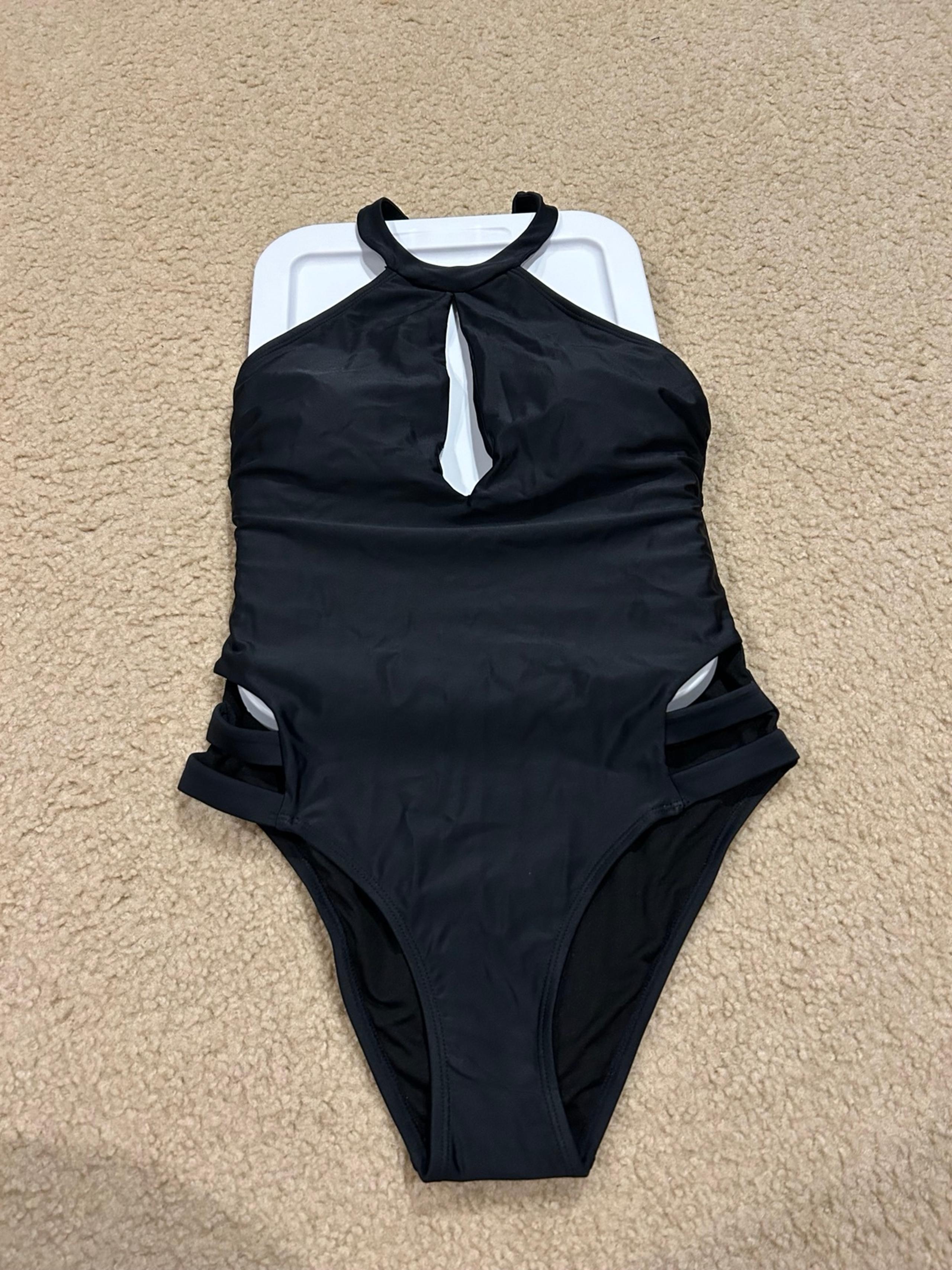 Women's One Piece Xhilaration Black Swimsuit Slit Bust Dual Straps - Med NWT