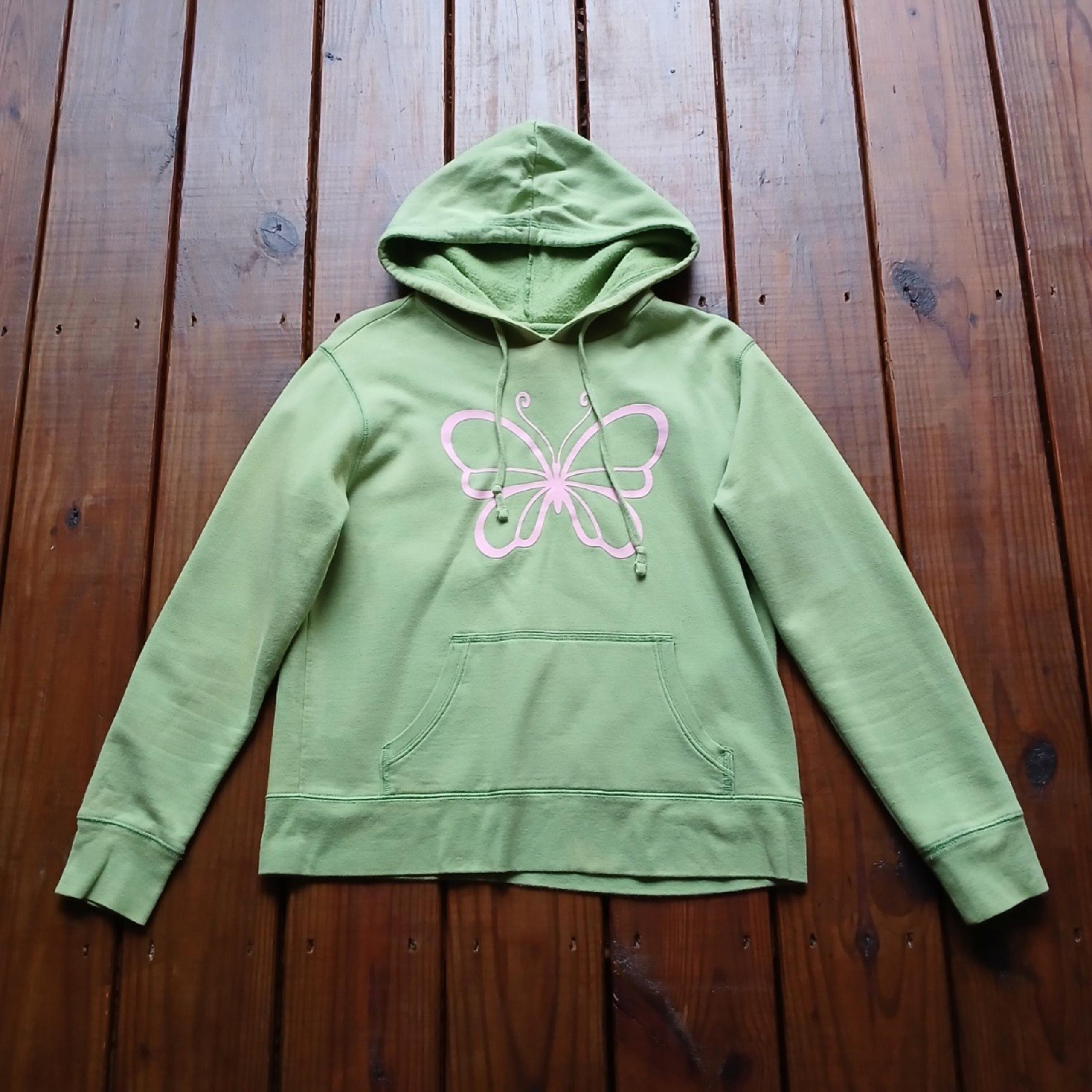 Vintage Y2K Aero S green pink butterfly long sleeve hooded pullover sweatshirt