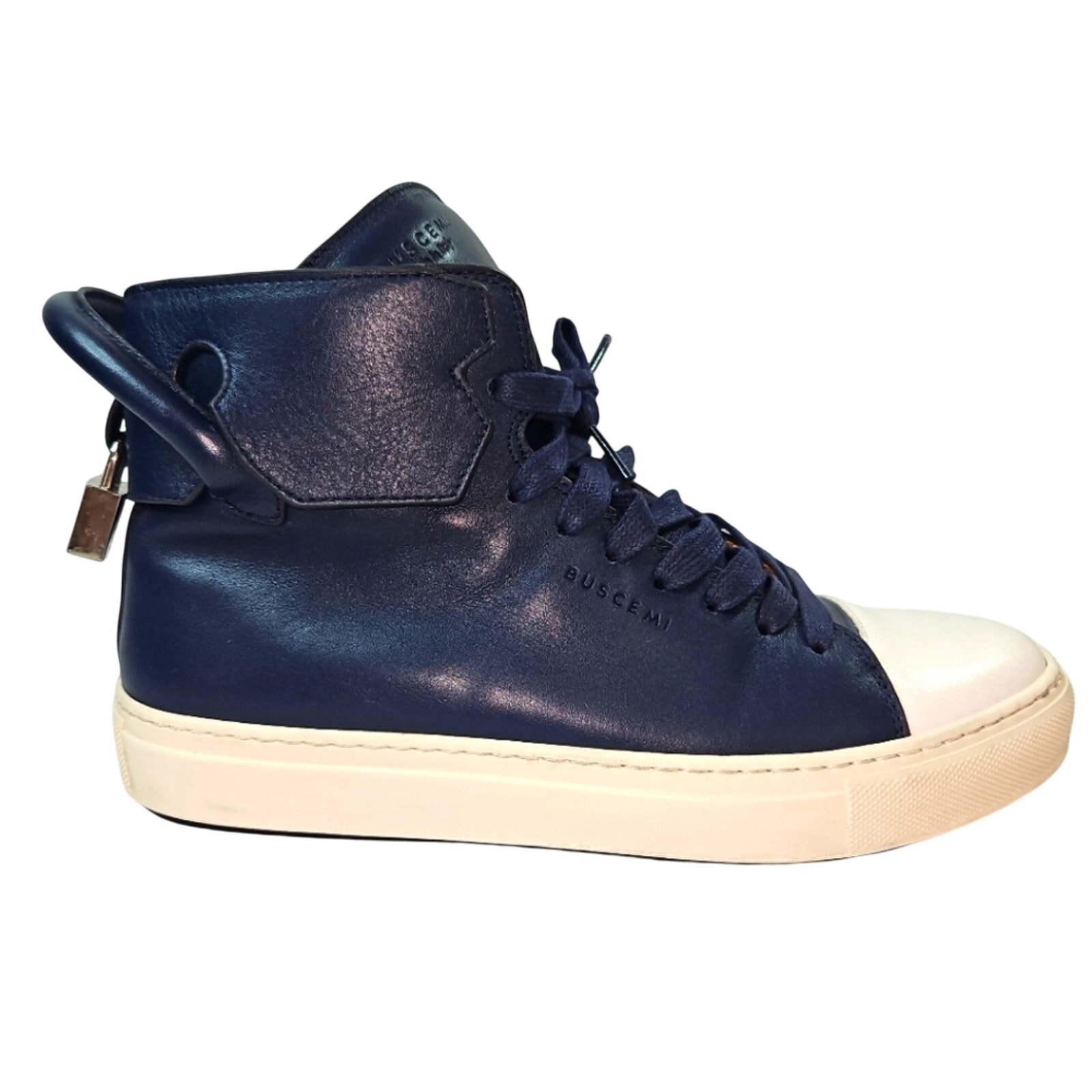 Buscemi Navy Blue Italian Leather Hi Top Sneakers With Padlock Mens Size 40