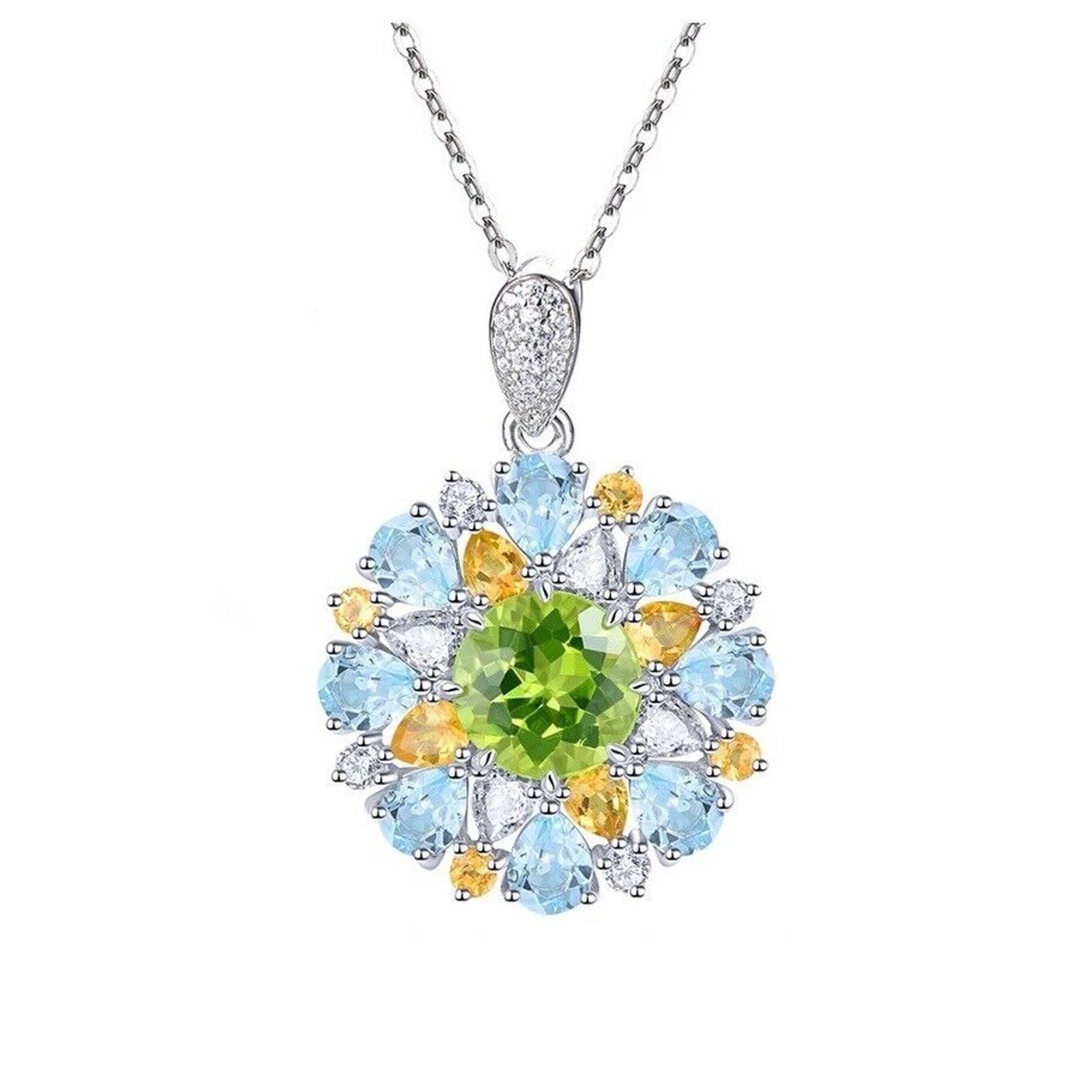 Peridot, Citrine, and Blue Topaz Pendant Necklace, August Birthstone Pendant