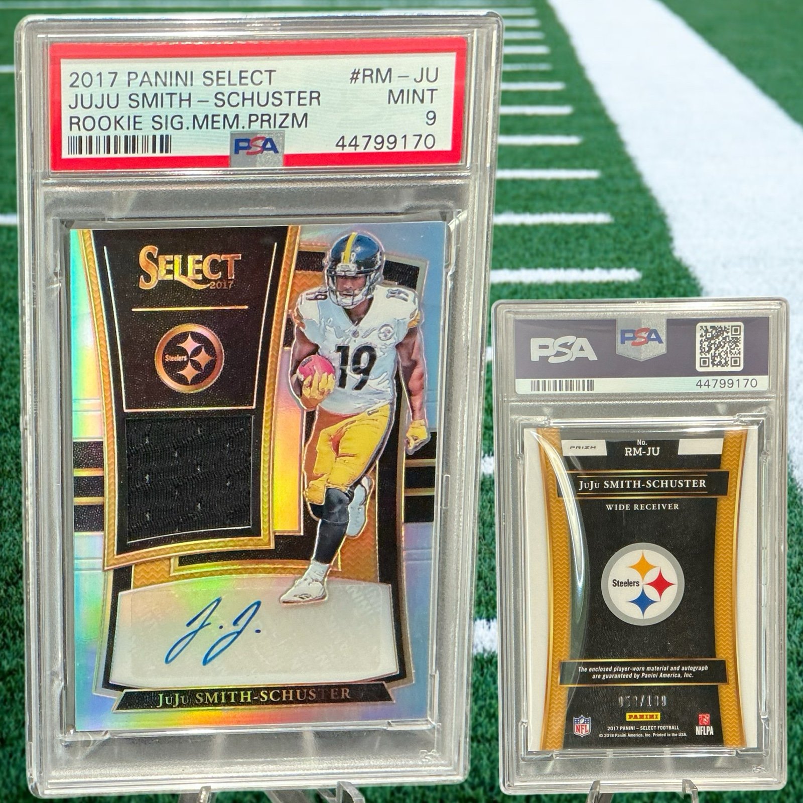 2017 PANINI SELECT JUJU SMITH SCHUSTER ROOKIE AUTO PATCH PRIZM RPA /199 PSA9