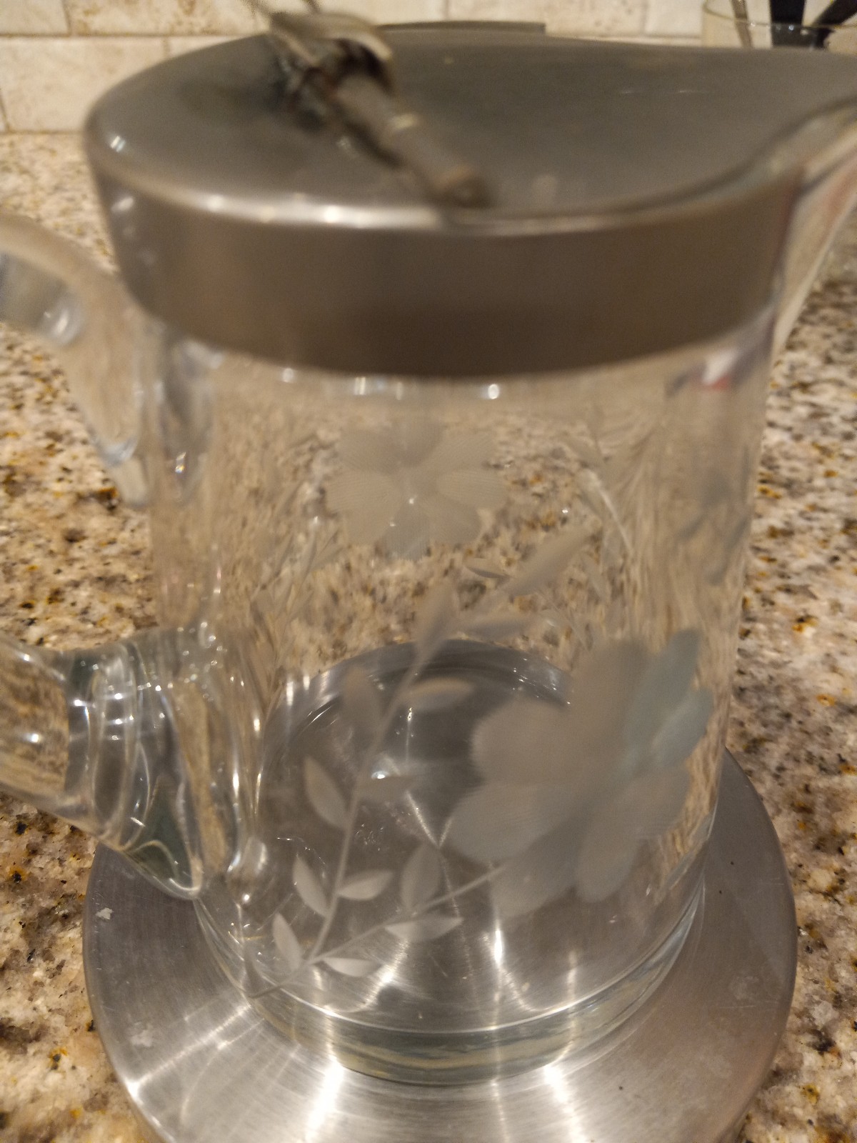 Vtg Etched Glass Syrup Pitcher With Lid