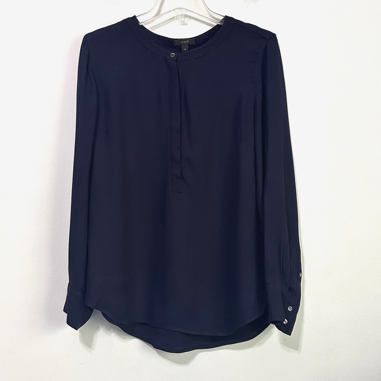 J Crew Drapey Henley Tunic Top Popover Blouse 12 Navy Blue Work Long Sleeve