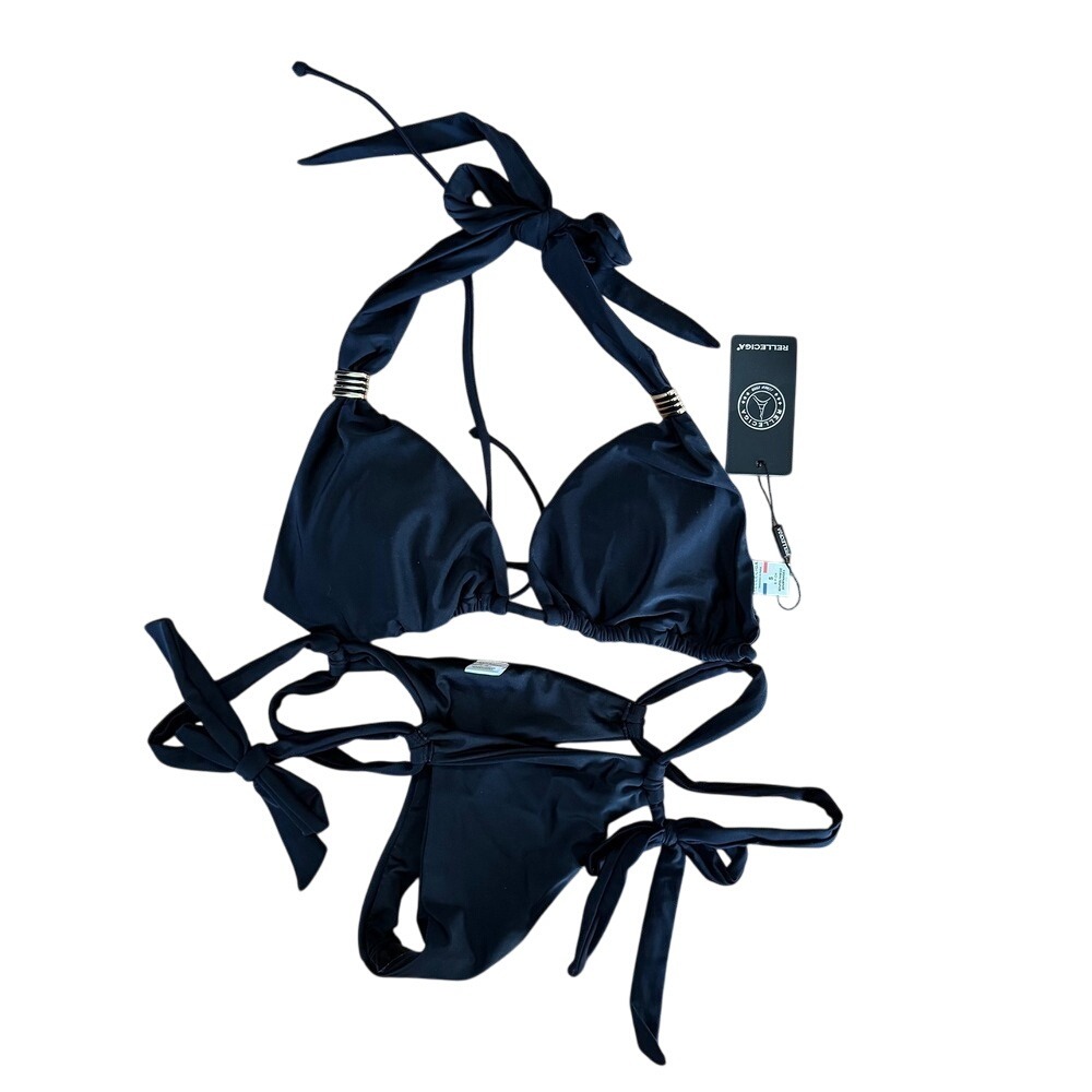 Relleciga Black Bikini Set Halter Tie Side Swimsuit Beachwear NWT Small