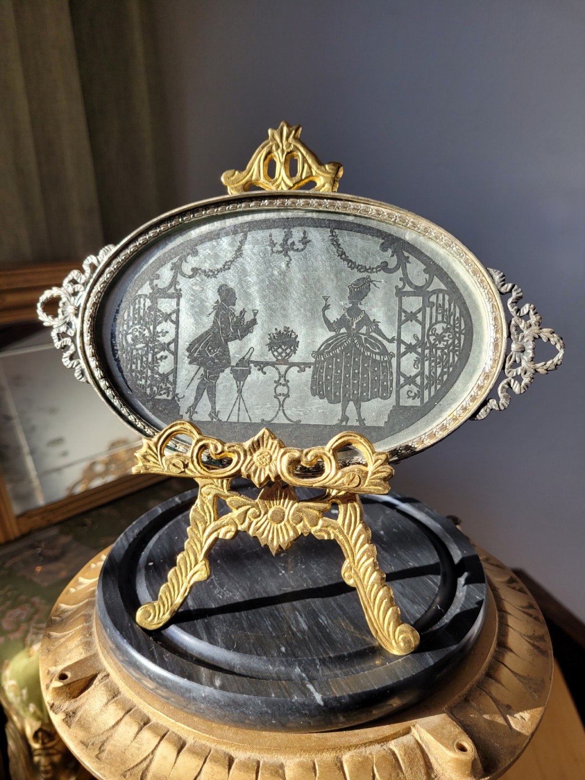 Vintage Georgian Couple Silhouette Silver Tone Ribbon Vanity Tray MWC