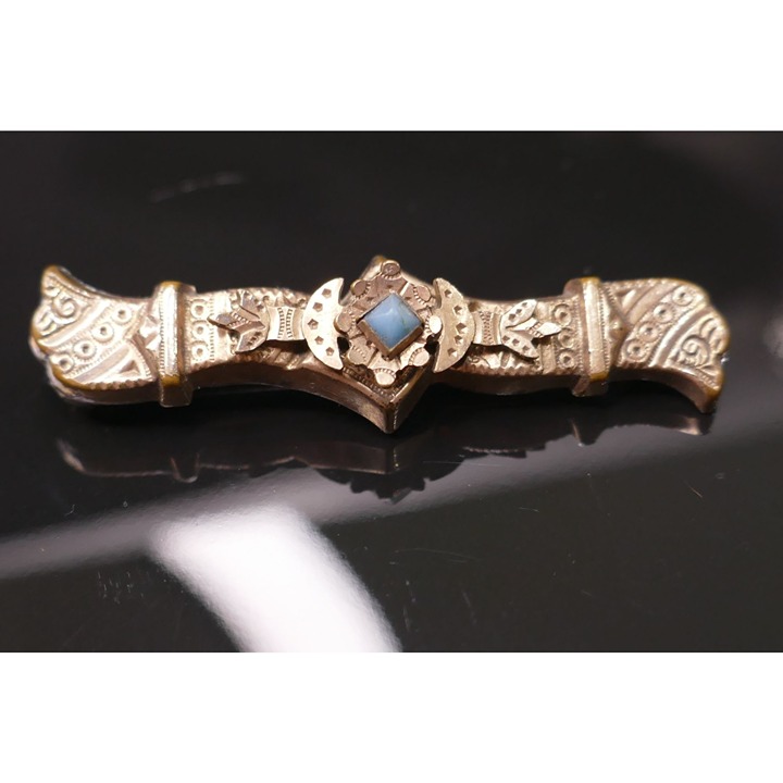 Antique Victorian Era Bar Brooch With Translucent Blue Glass Stone