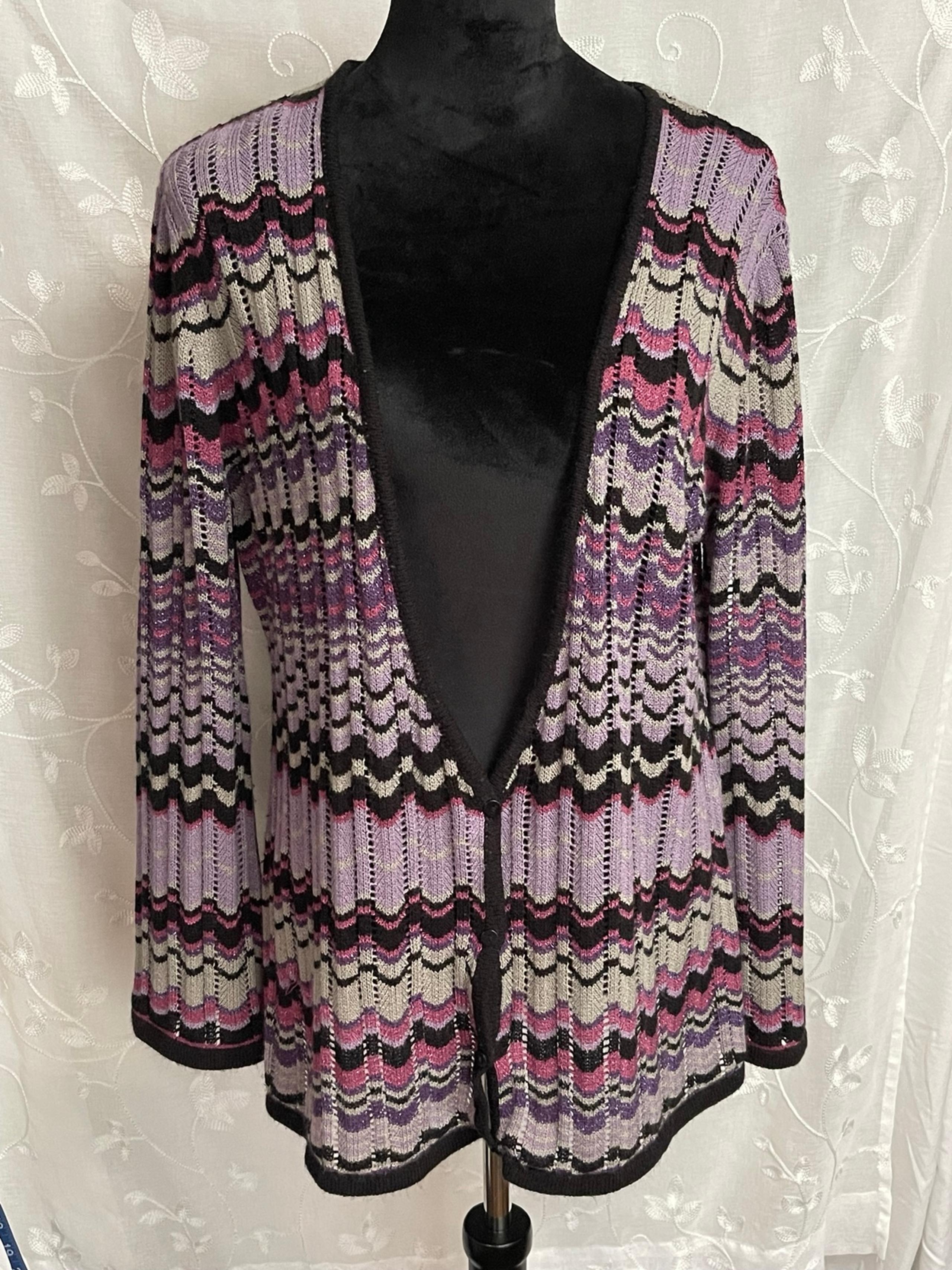 Women’s Dressbarn V Neck Purple Gray Black Zig Zag Bell Sleeves Size L EUC
