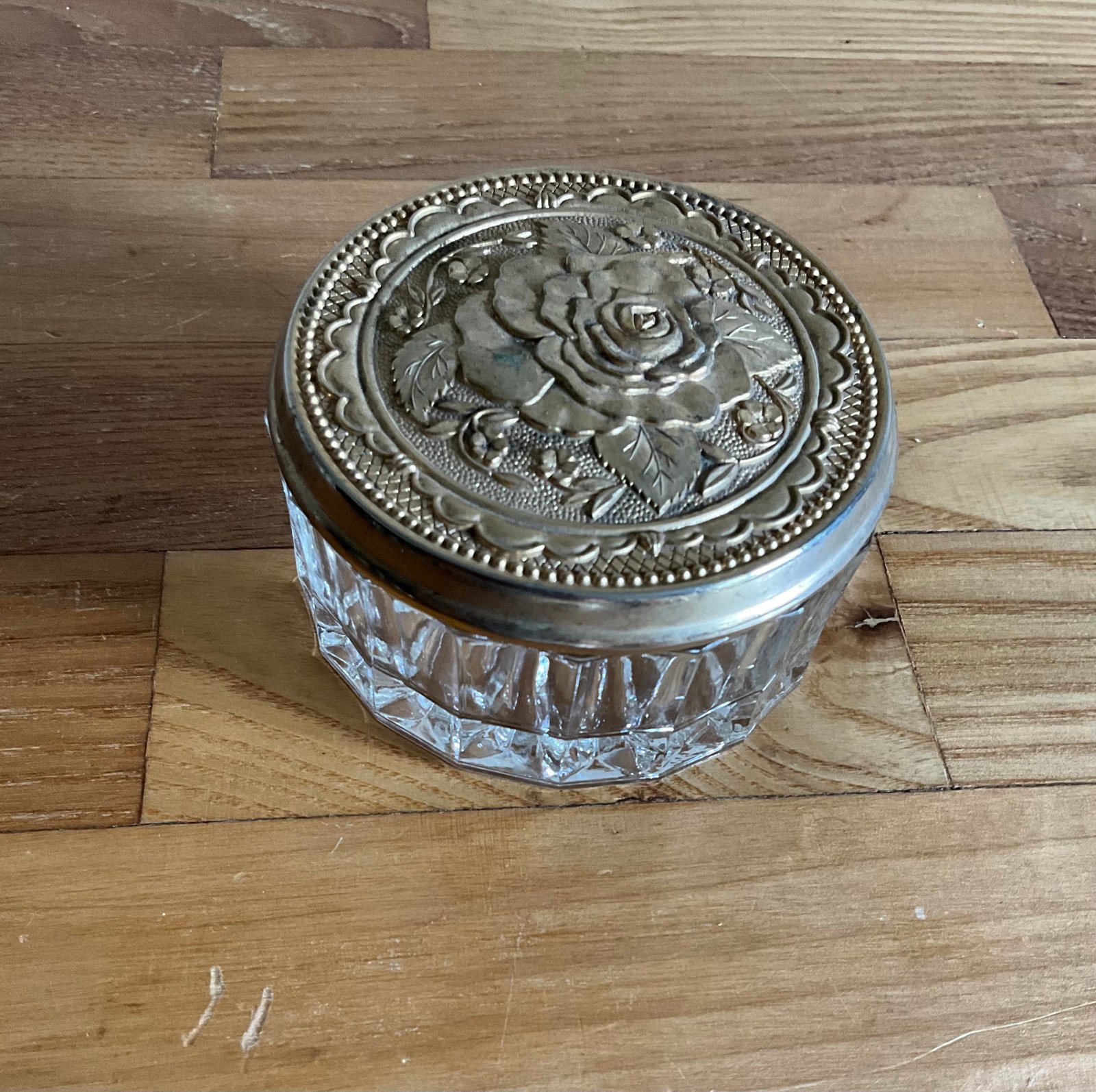 Vintage Glass Rose Vanity Dish - Mirror On Lid