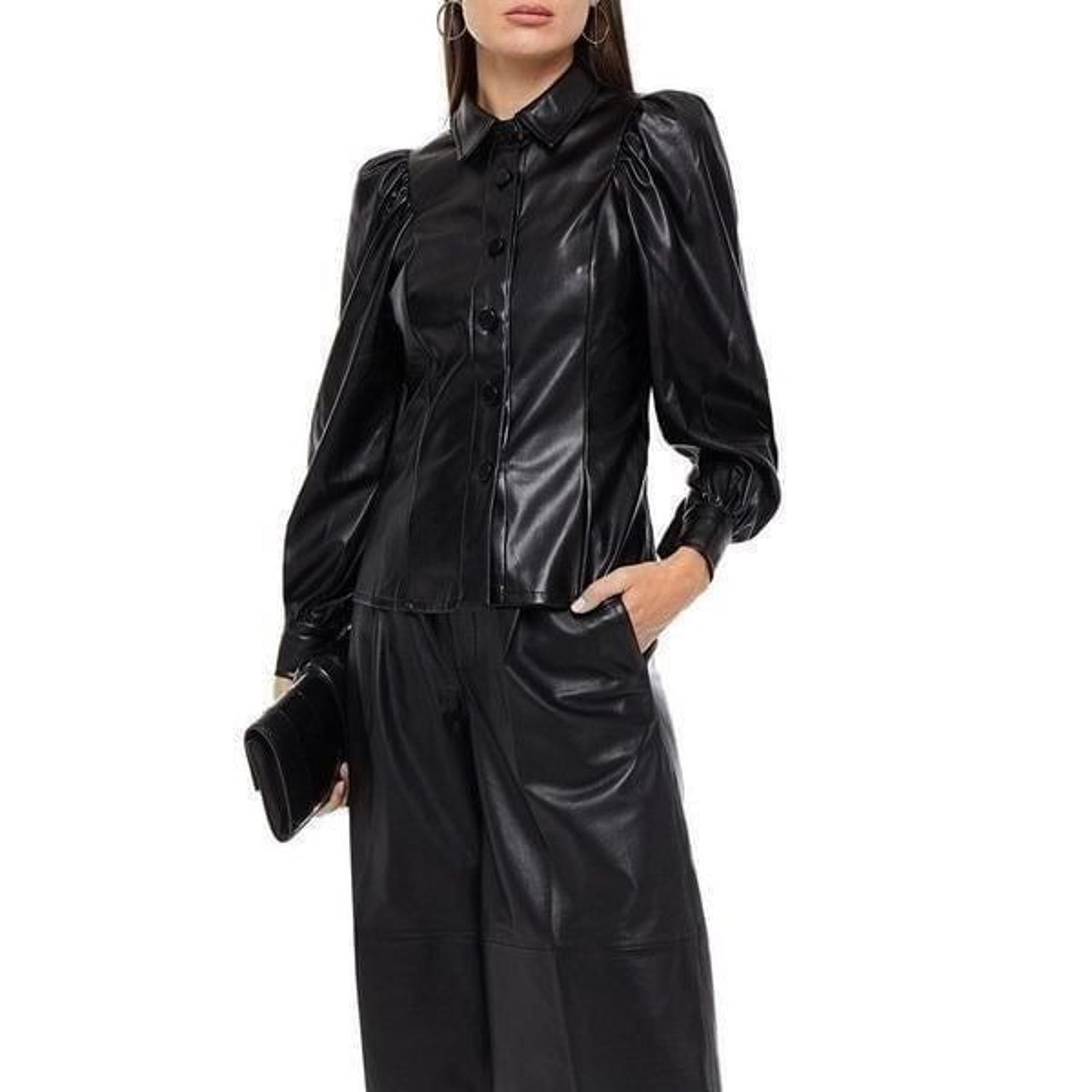 Antik Batik Ninon Vegan Leather Puff Sleeve Black Button-Down Blouse Size XS